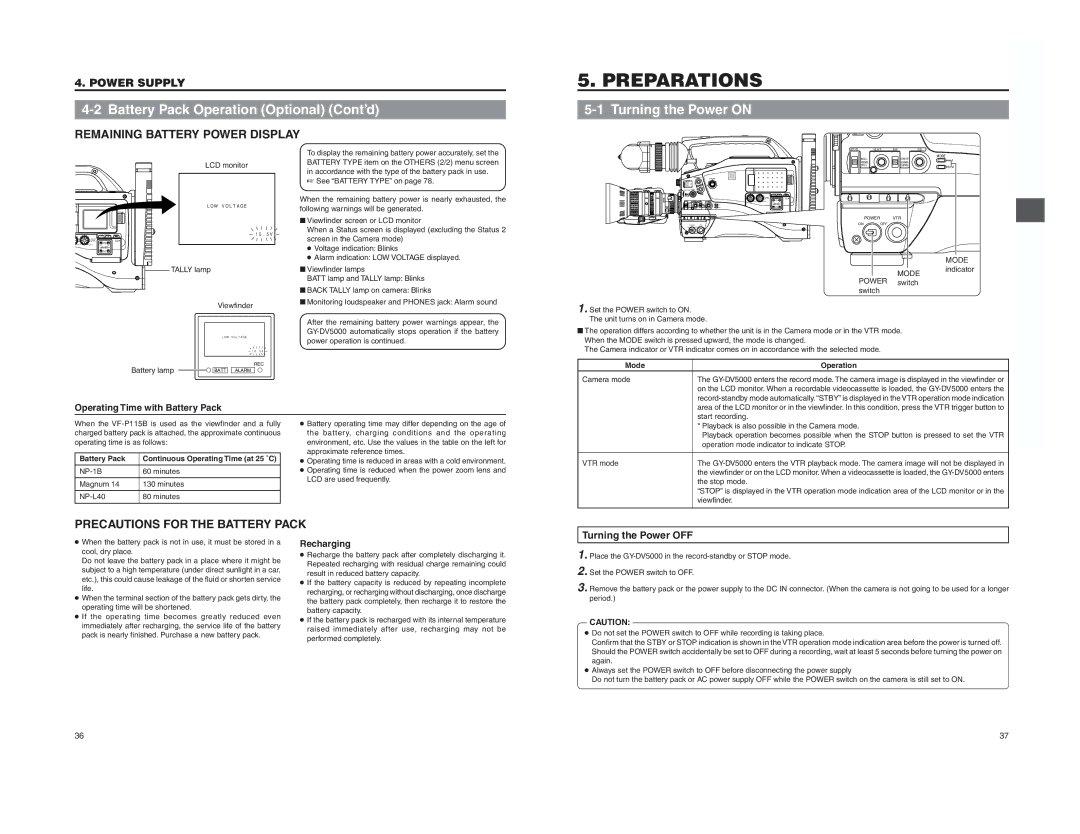 JVC GY-DV5000 instruction manual Turning the Power on, Turning the Power OFF, Operating Time with Battery Pack, Recharging 