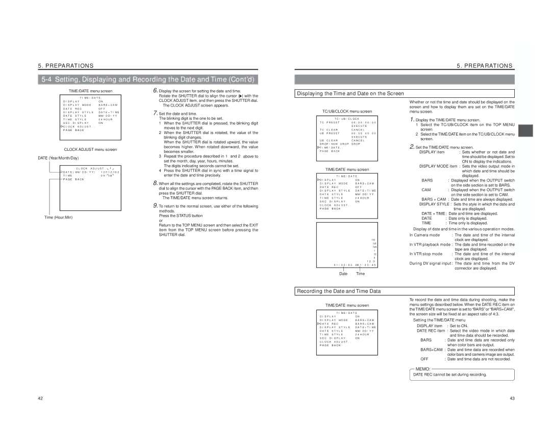 JVC GY-DV5000 instruction manual Displaying the Time and Date on the Screen, Recording the Date and Time Data 