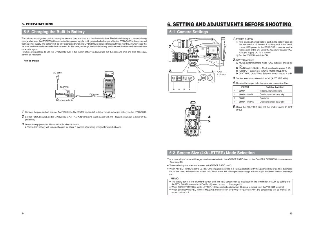 JVC GY-DV5000 Charging the Built-in Battery, Camera Settings, Screen Size 43/LETTER Mode Selection, Filter 