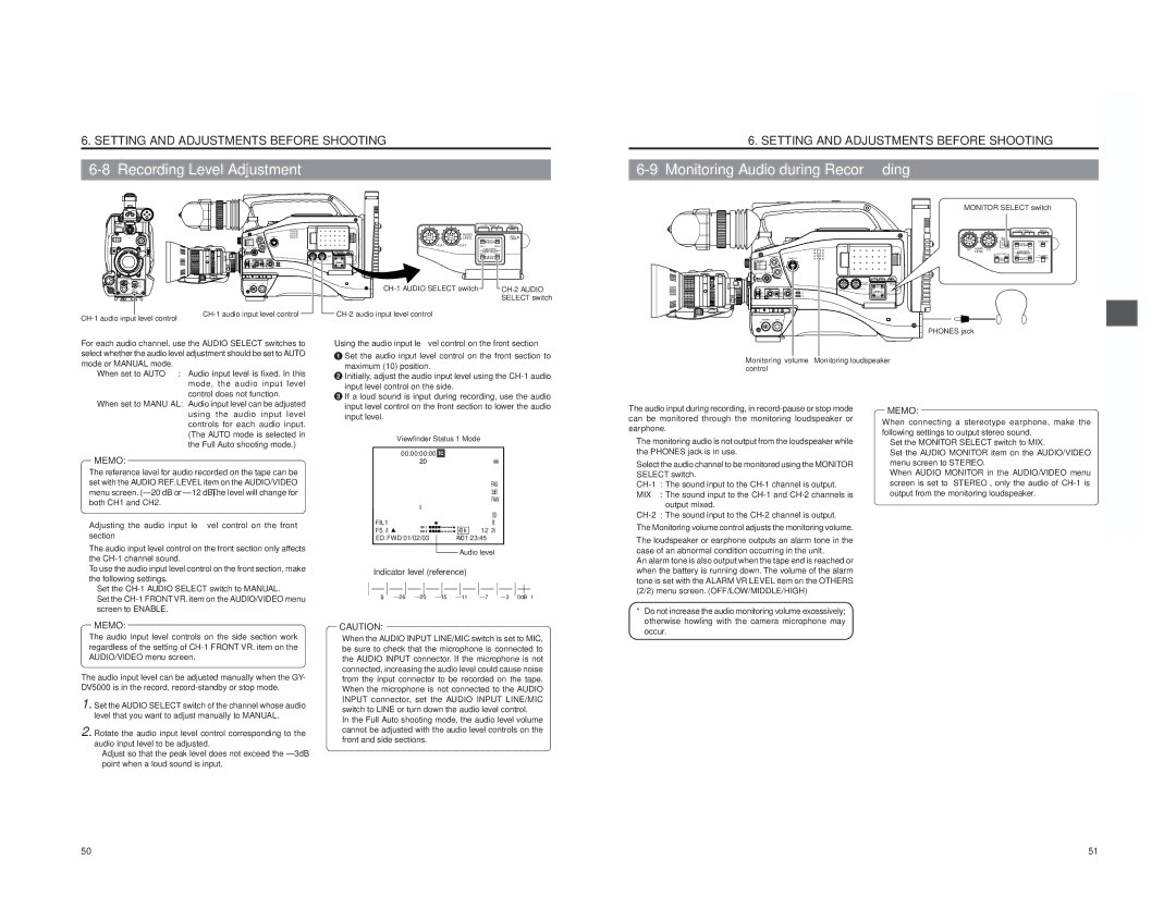 JVC GY-DV5000 instruction manual Recording Level Adjustment, Monitoring Audio during Recording 