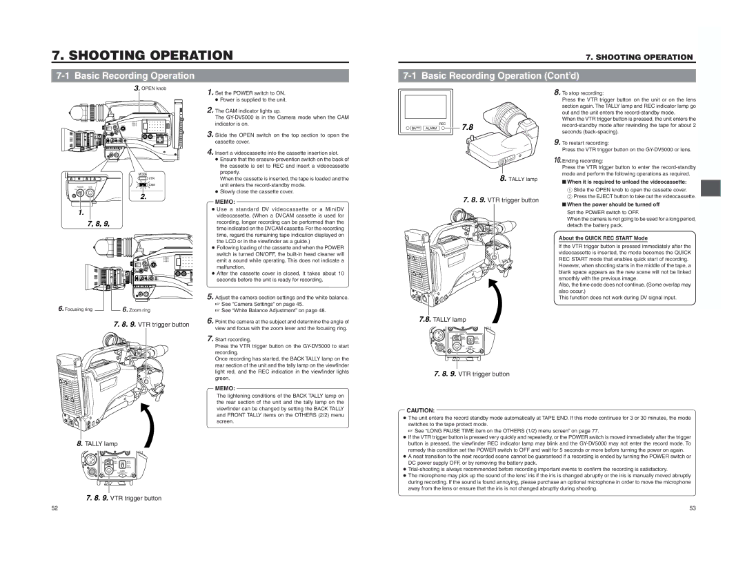 JVC GY-DV5000 instruction manual Basic Recording Operation Cont’d, When it is required to unload the videocassette 