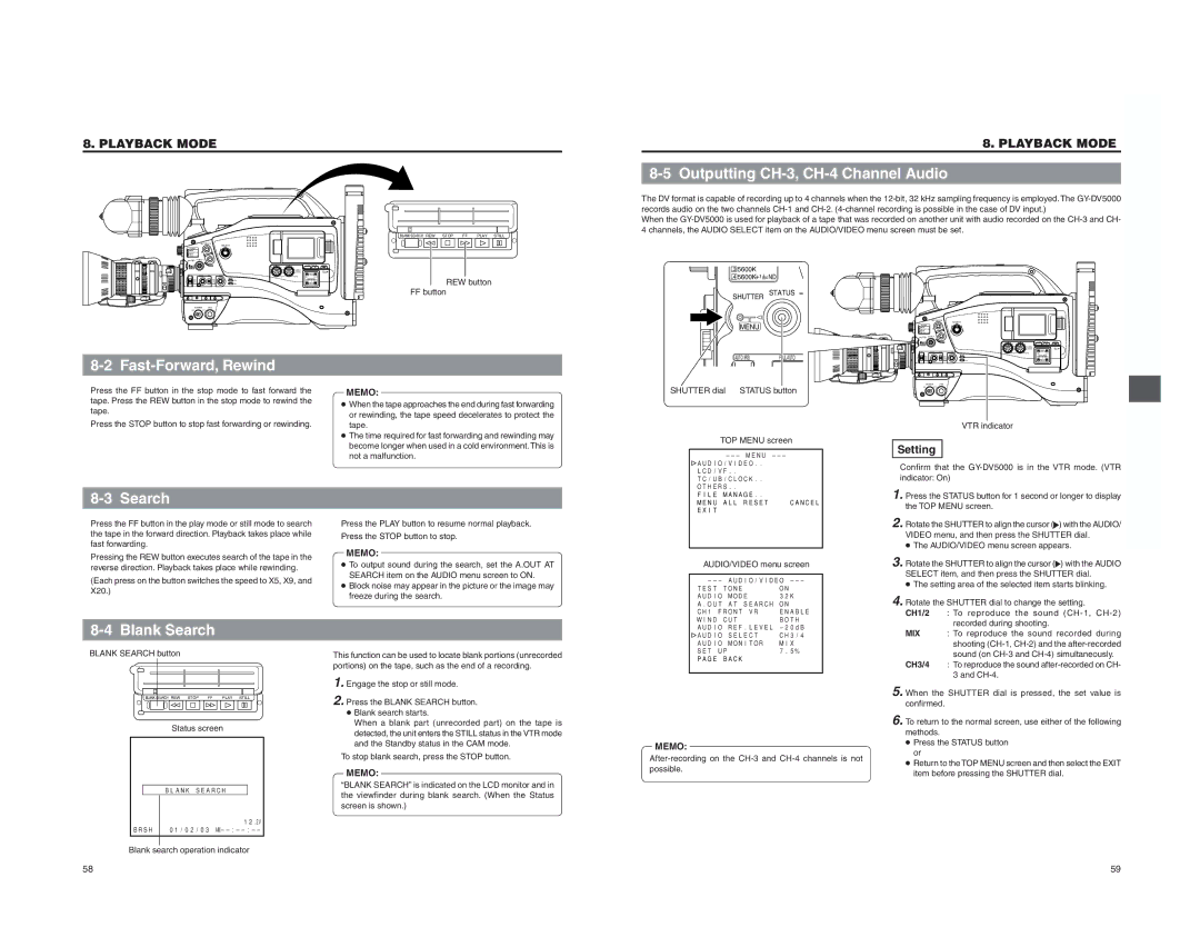 JVC GY-DV5000 instruction manual Outputting CH-3, CH-4 Channel Audio, Fast-Forward, Rewind, Blank Search, Setting 