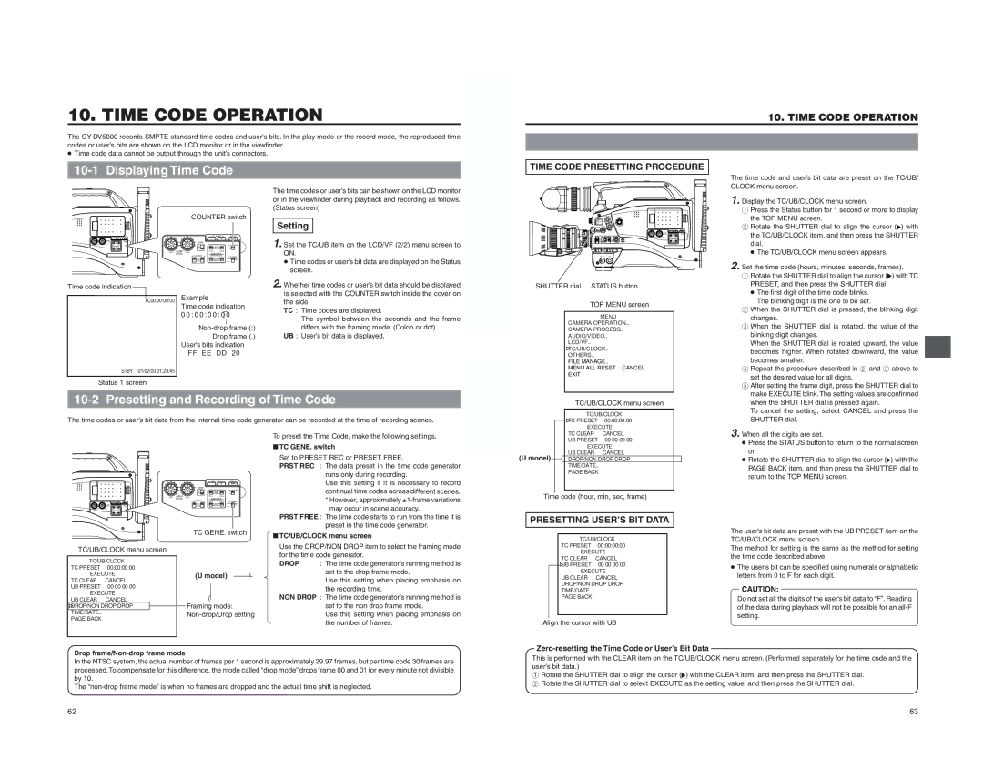 JVC GY-DV5000 instruction manual 10-1, Presetting and Recording of Time Code 