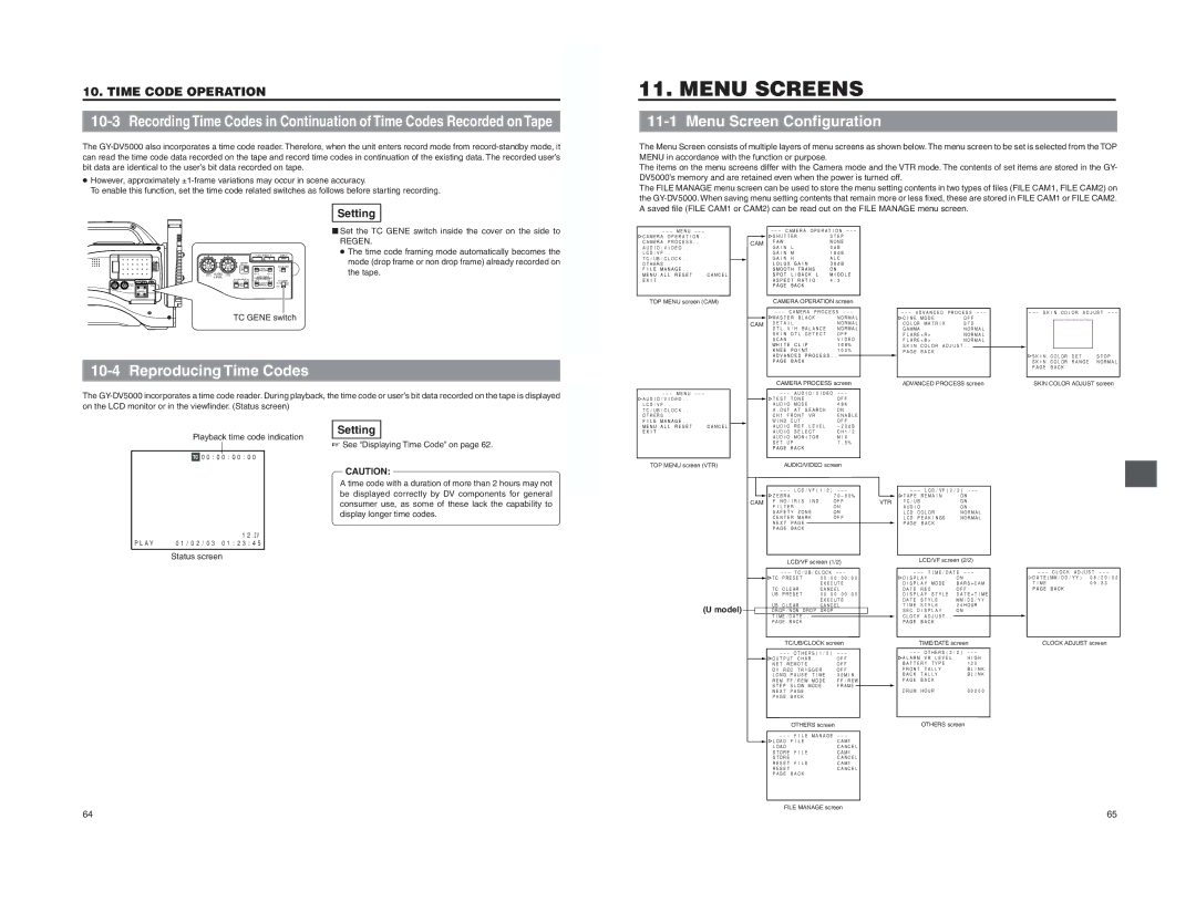 JVC GY-DV5000 instruction manual Menu Screen Configuration, Reproducing Time Codes, Regen 