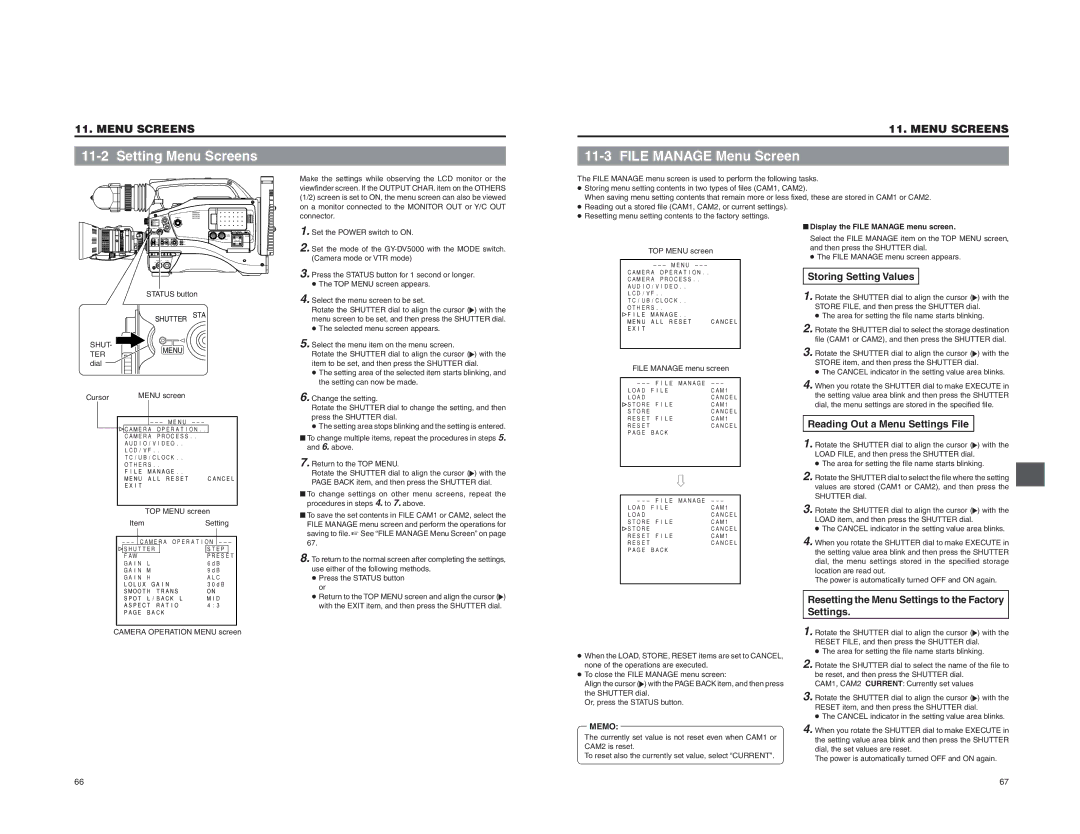 JVC GY-DV5000 Setting Menu Screens, File Manage Menu Screen, Storing Setting Values, Reading Out a Menu Settings File 