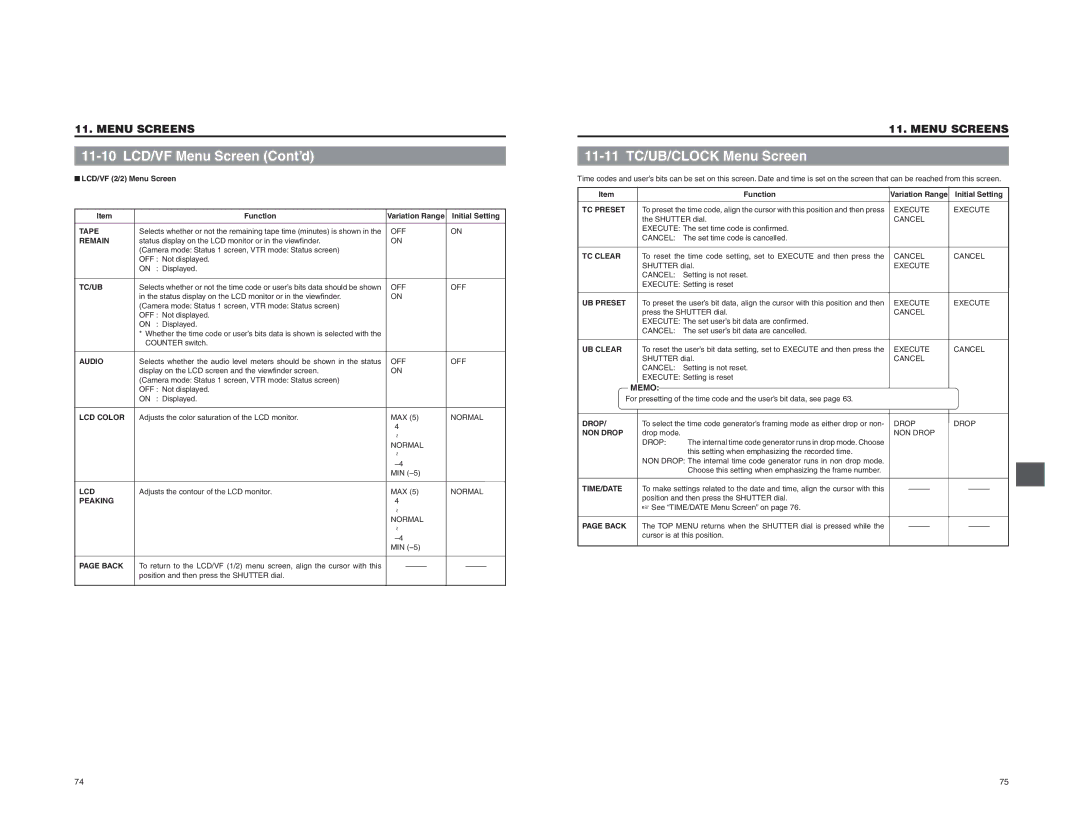 JVC GY-DV5000 instruction manual 11-10 LCD/VF Menu Screen Cont’d, 11-11 TC/UB/CLOCK Menu Screen 