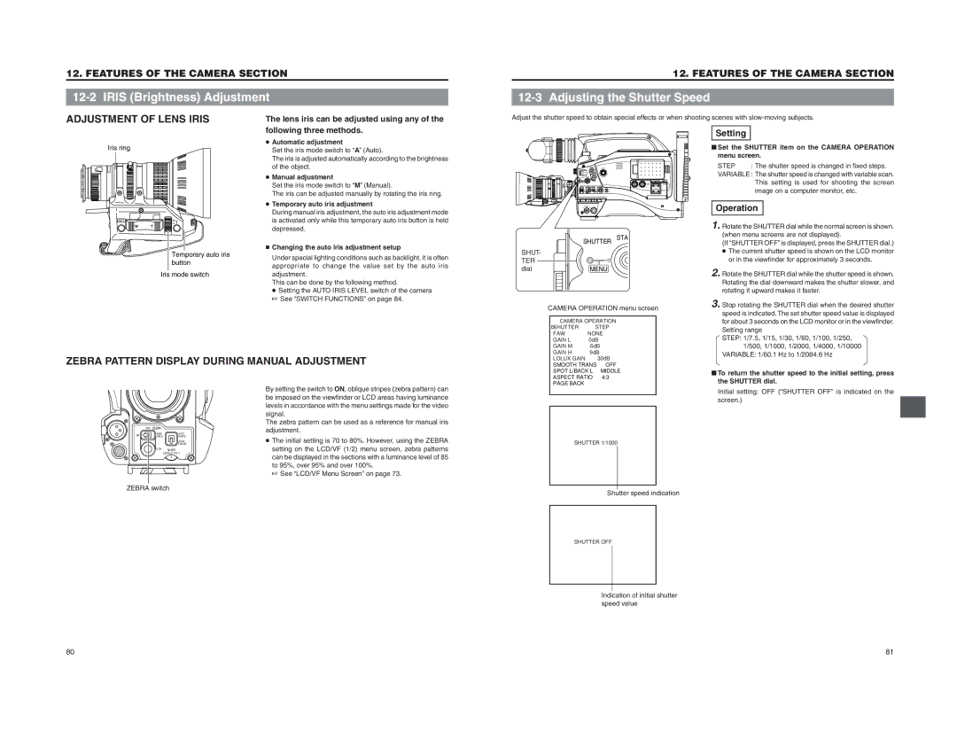 JVC GY-DV5000 Iris Brightness Adjustment, Adjusting the Shutter Speed, Lens iris can be adjusted using any, Operation 