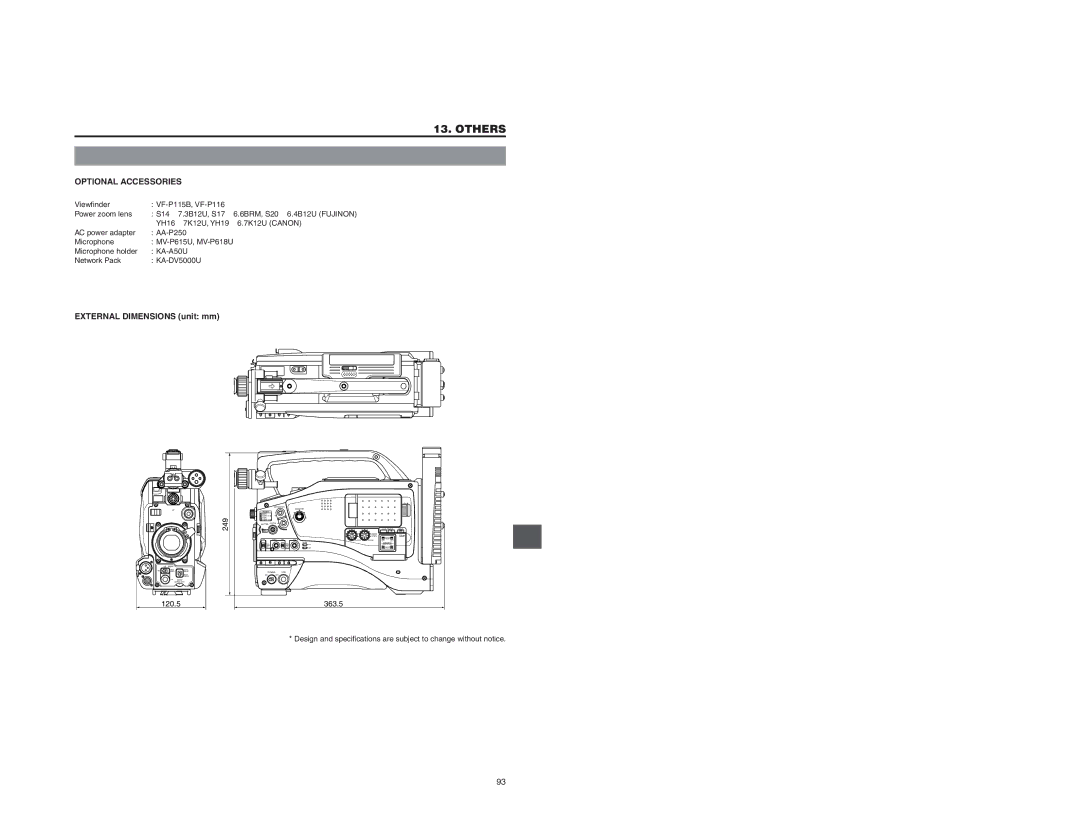 JVC GY-DV5000 instruction manual Optional Accessories, External Dimensions unit mm 