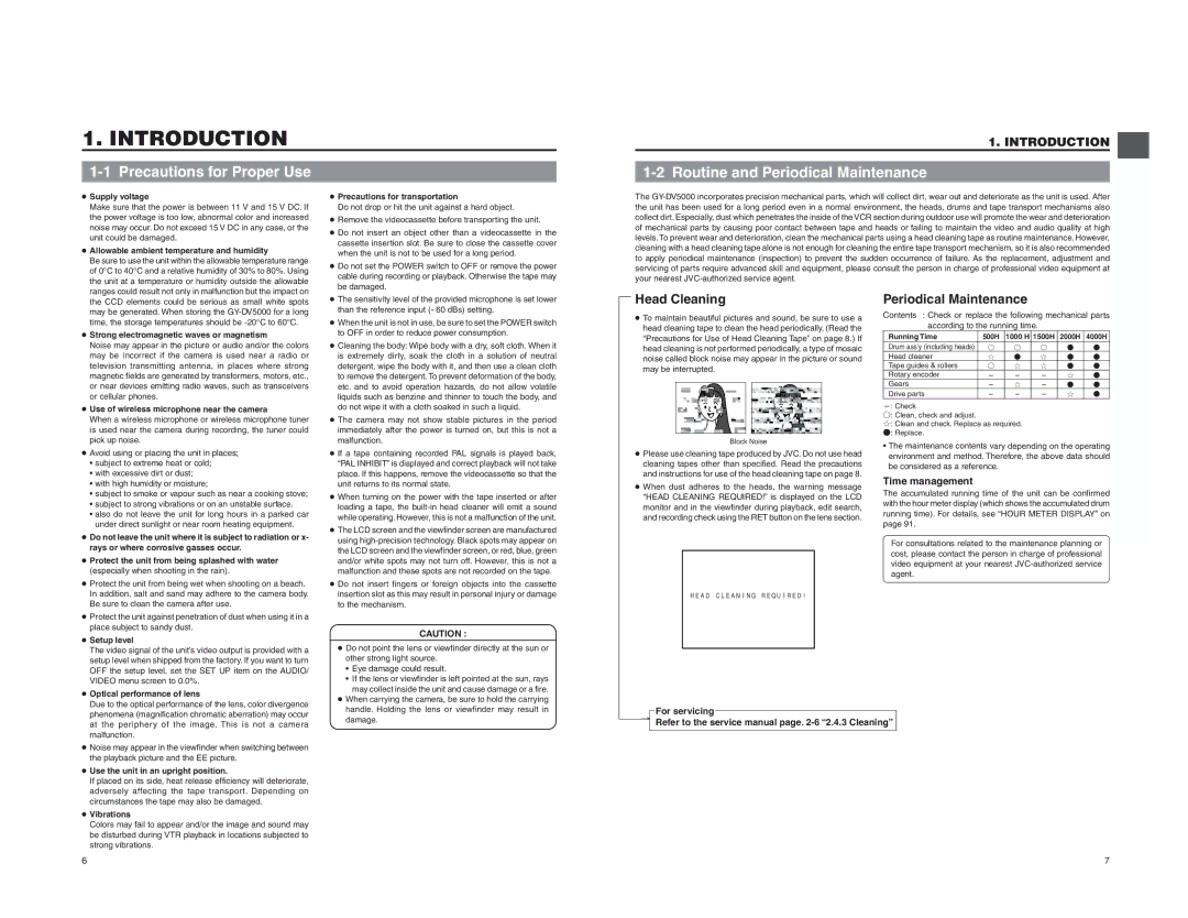 JVC GY-DV5000 Introduction 1-1 Precautions for Proper Use, Routine and Periodical Maintenance, For servicing 