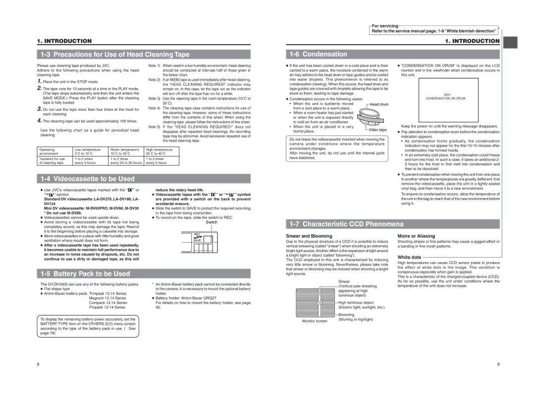 JVC GY-DV5000 Introduction 1-3 Precautions for Use of Head Cleaning Tape, Condensation, Videocassette to be Used 