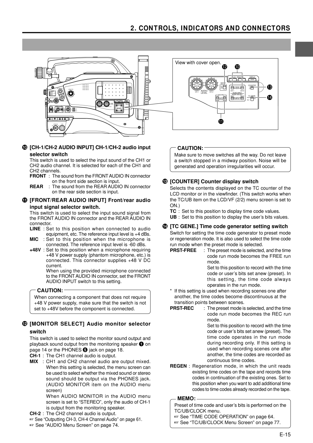 JVC GY-DV5000 CH-1/CH-2 Audio Input CH-1/CH-2 audio input selector switch, @ Monitor Select Audio monitor selector switch 