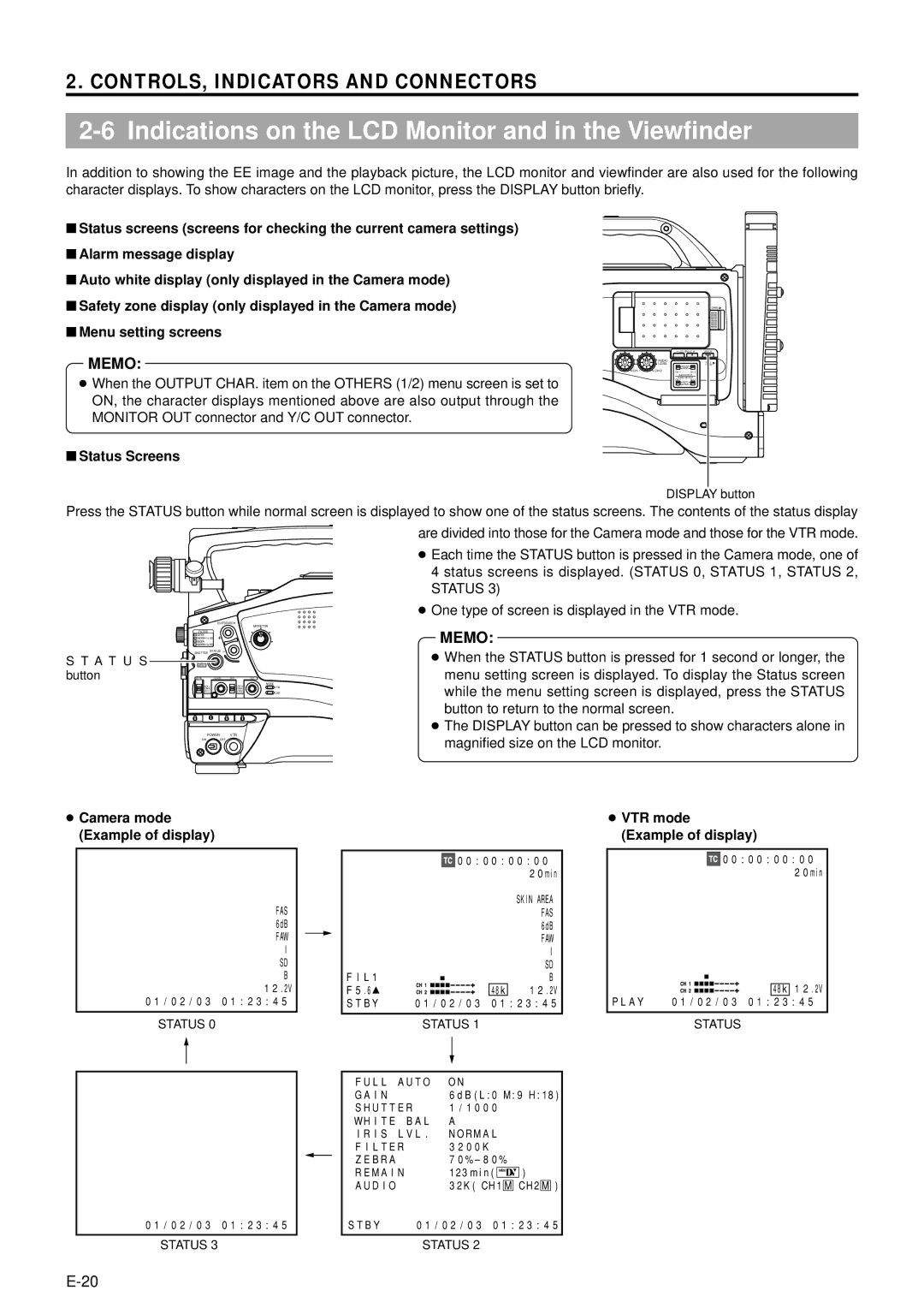 JVC GY-DV5000 manual Indications on the LCD Monitor and in the Viewfinder, Status Screens, Camera mode Example of display 