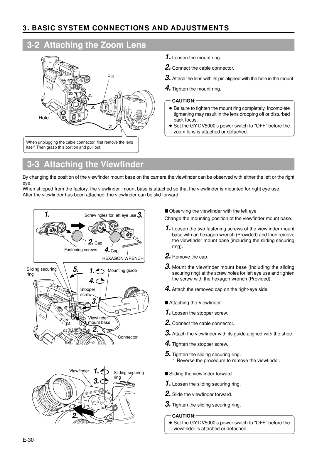 JVC GY-DV5000 manual Attaching the Zoom Lens, Attaching the Viewfinder, Pin Hole, Ring 