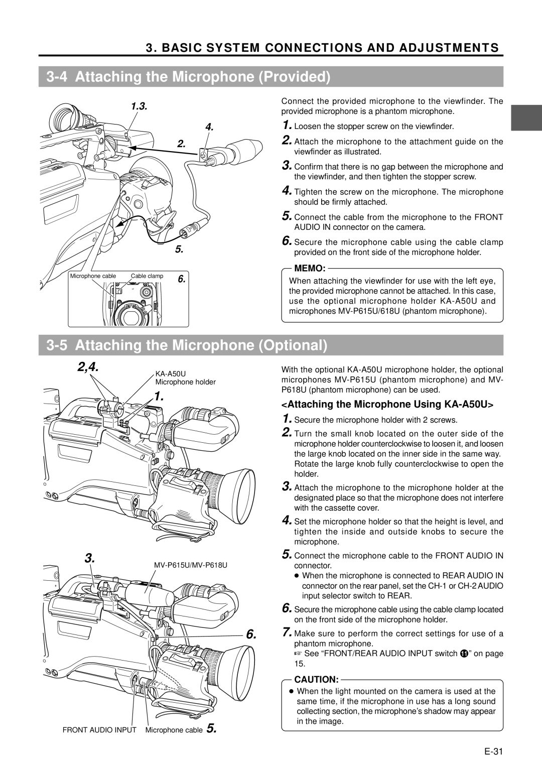 JVC GY-DV5000 Attaching the Microphone Provided, Attaching the Microphone Optional, Attaching the Microphone Using KA-A50U 