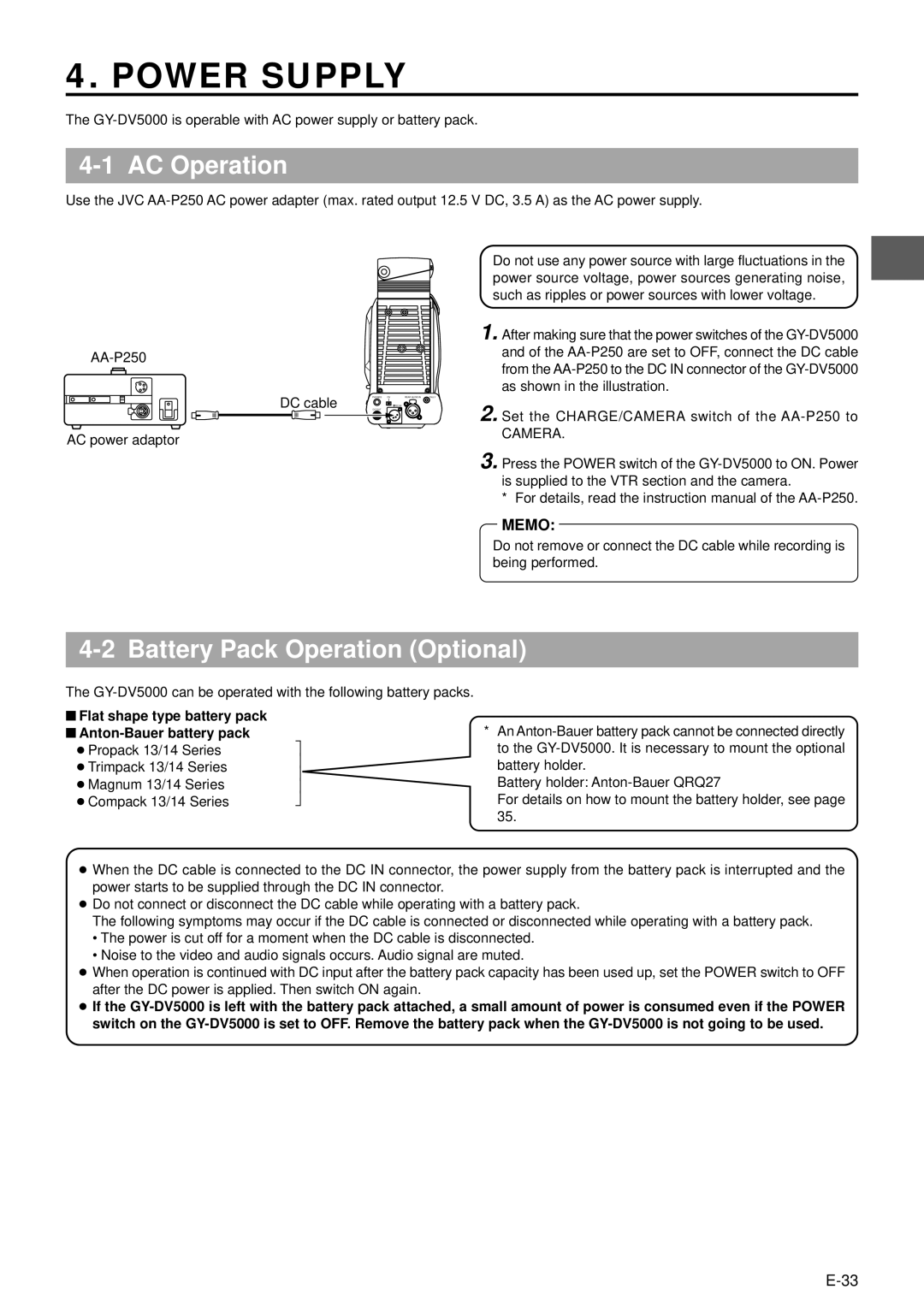 JVC GY-DV5000 manual Power Supply, AC Operation, Battery Pack Operation Optional, Camera 