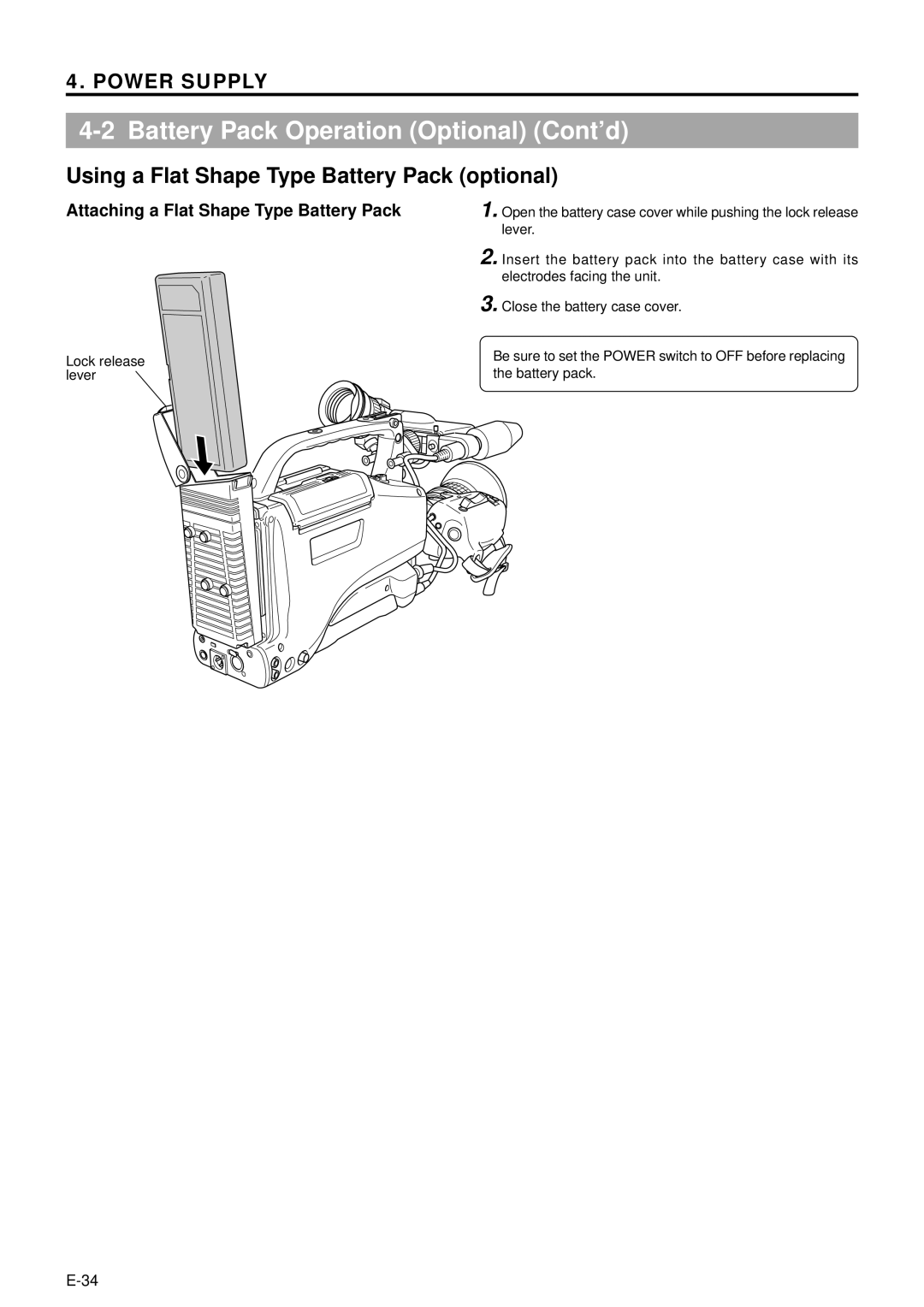 JVC GY-DV5000 manual Battery Pack Operation Optional Cont’d, Using a Flat Shape Type Battery Pack optional 