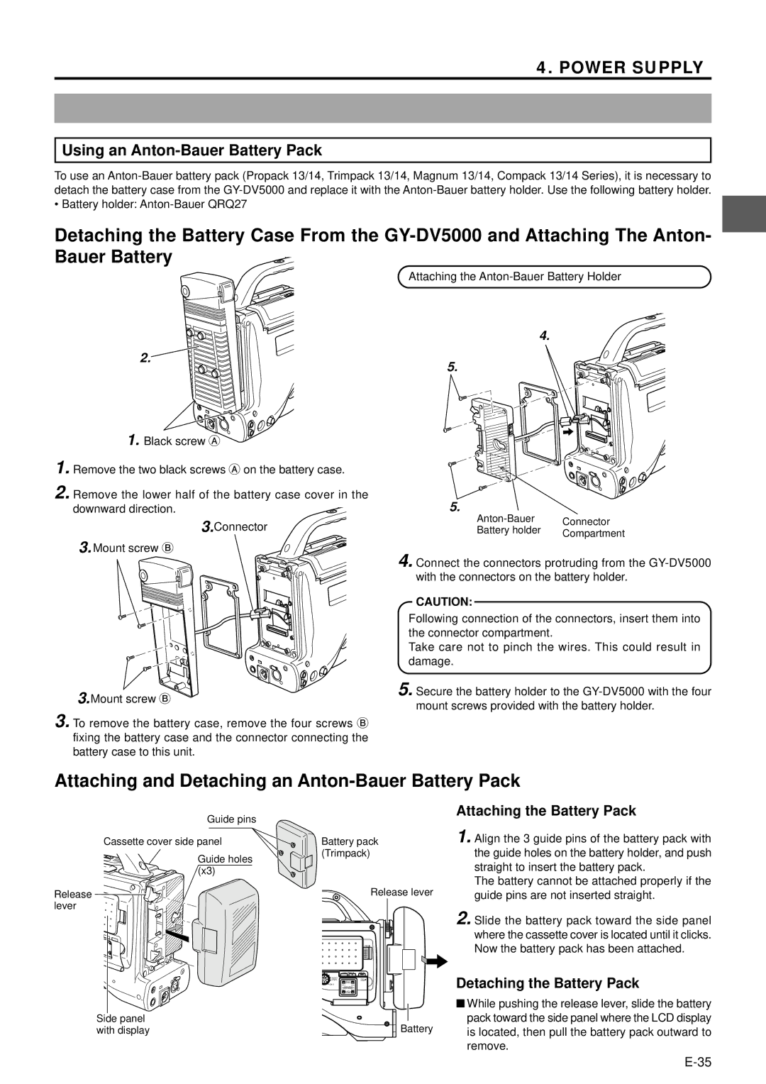 JVC GY-DV5000 manual Using an Anton-Bauer Battery Pack, Attaching the Battery Pack, Detaching the Battery Pack 