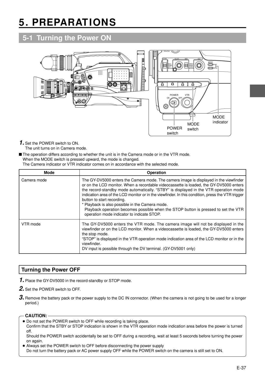 JVC GY-DV5000 manual Preparations, Turning the Power on, Turning the Power OFF, Mode Operation 