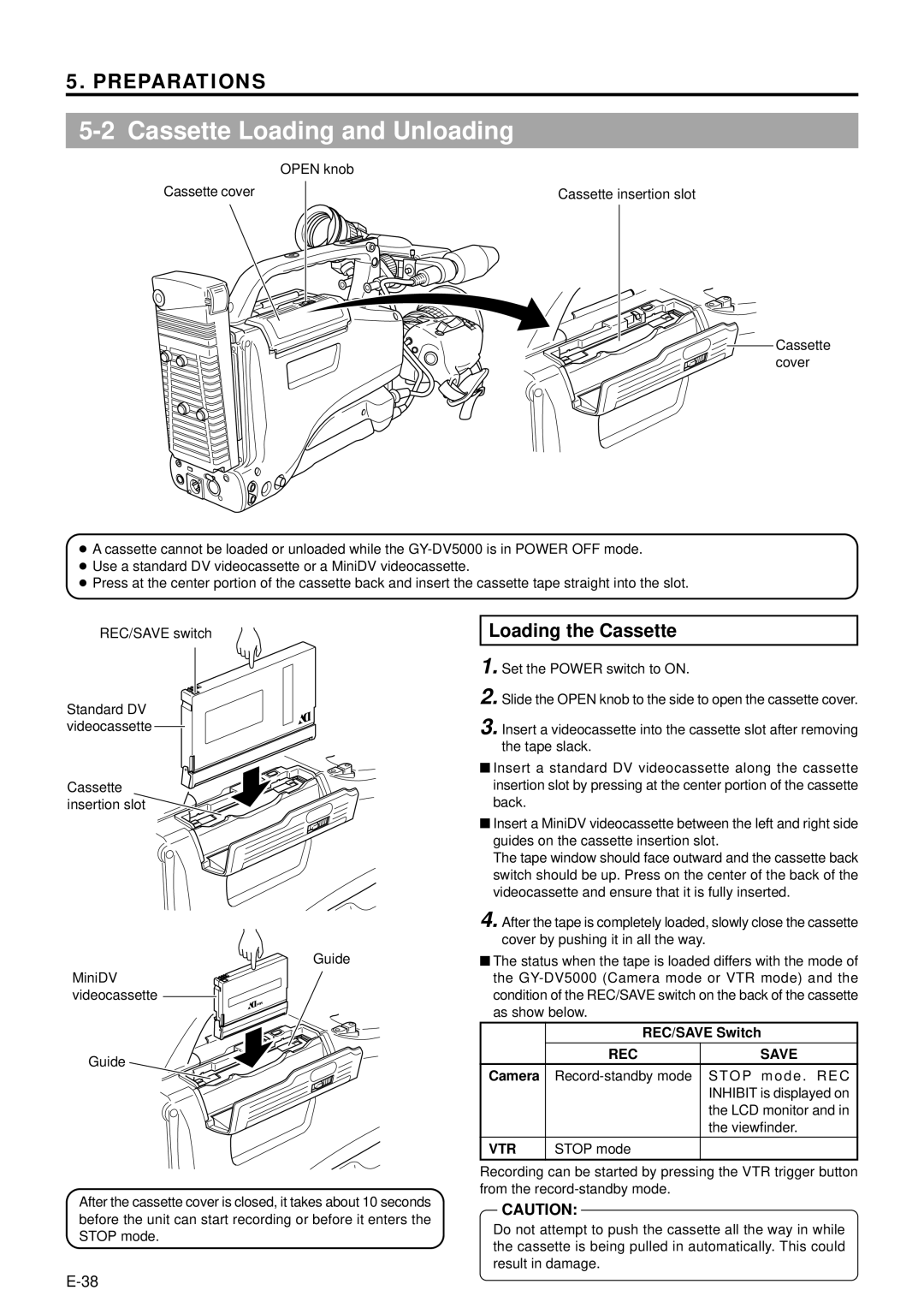 JVC GY-DV5000 manual Cassette Loading and Unloading, Loading the Cassette, REC Save, Vtr 