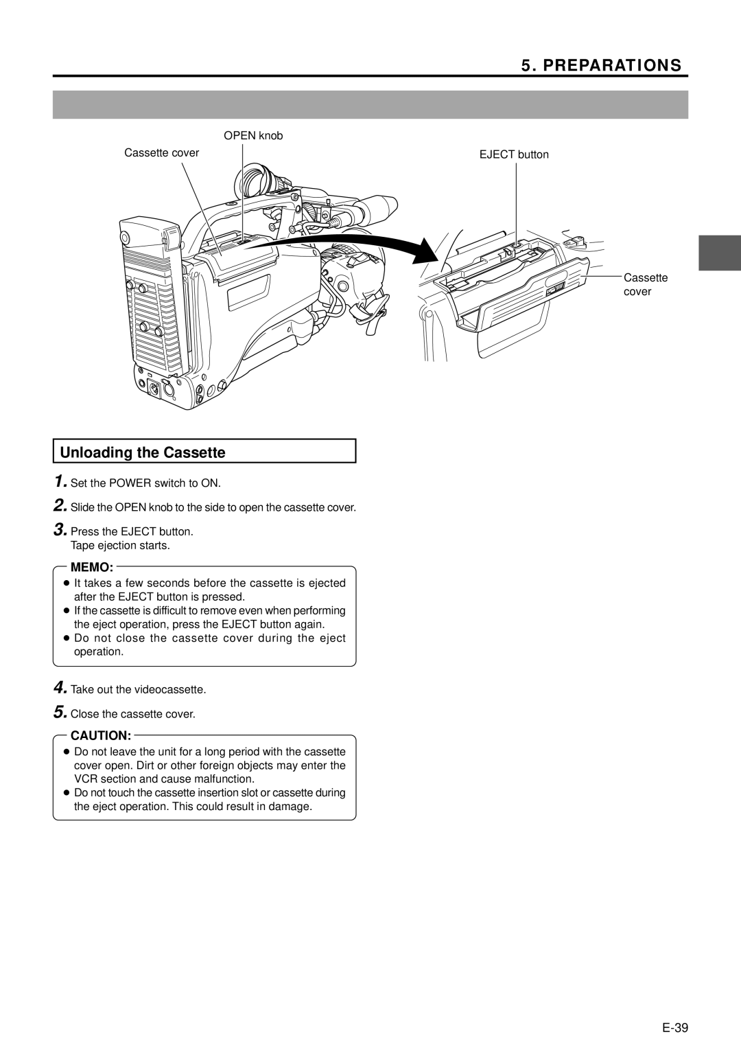 JVC GY-DV5000 manual Unloading the Cassette, Open knob, Cassette cover Eject button 