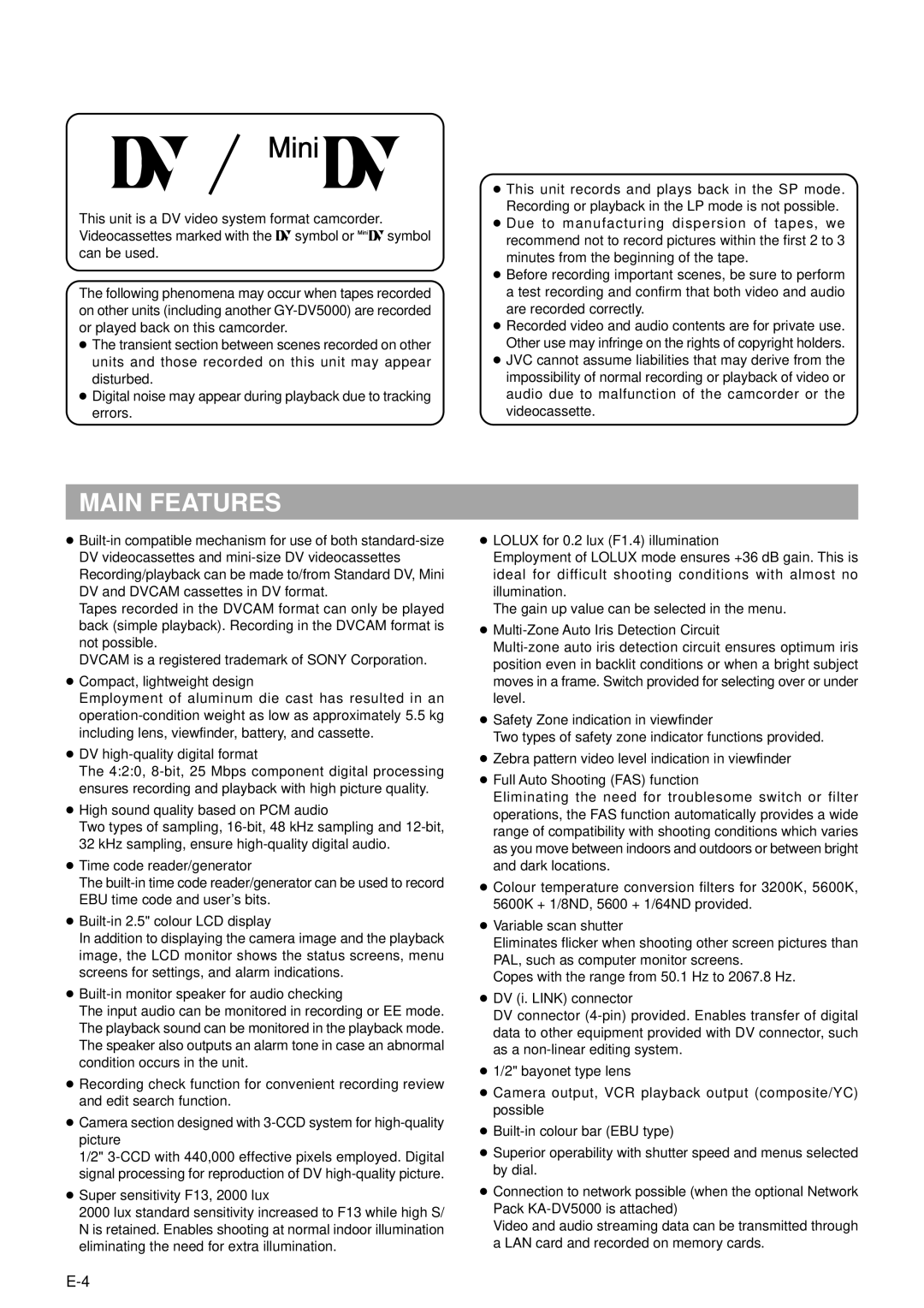 JVC GY-DV5000 manual Main Features 