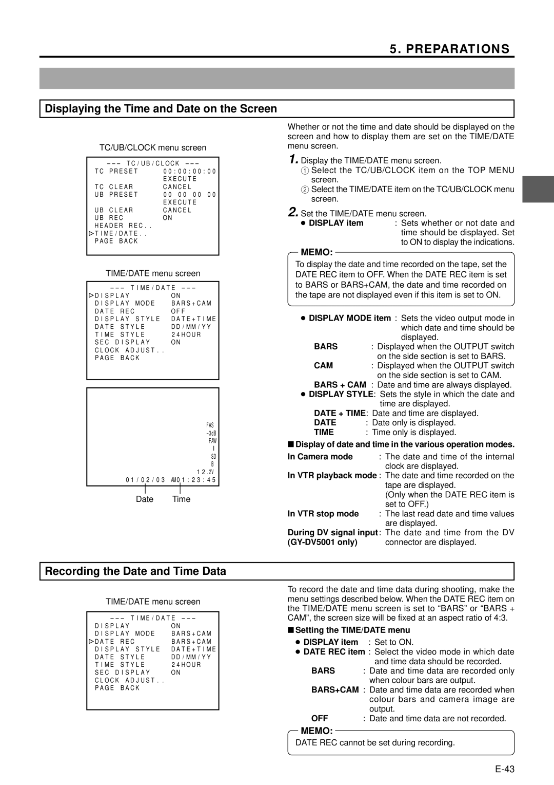 JVC GY-DV5000 manual Displaying the Time and Date on the Screen, Recording the Date and Time Data 