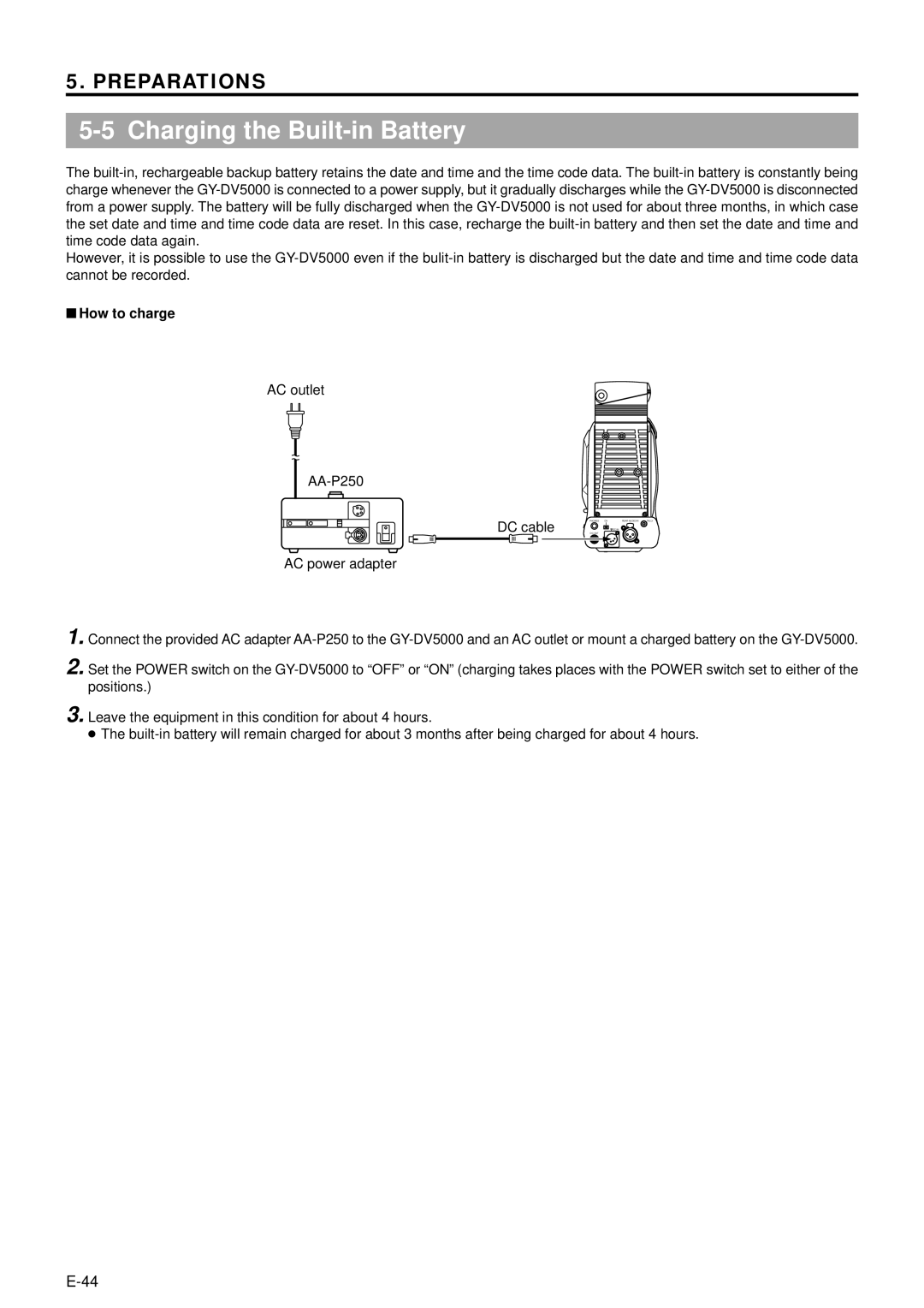 JVC GY-DV5000 manual Charging the Built-in Battery, How to charge, AC outlet AA-P250 DC cable 