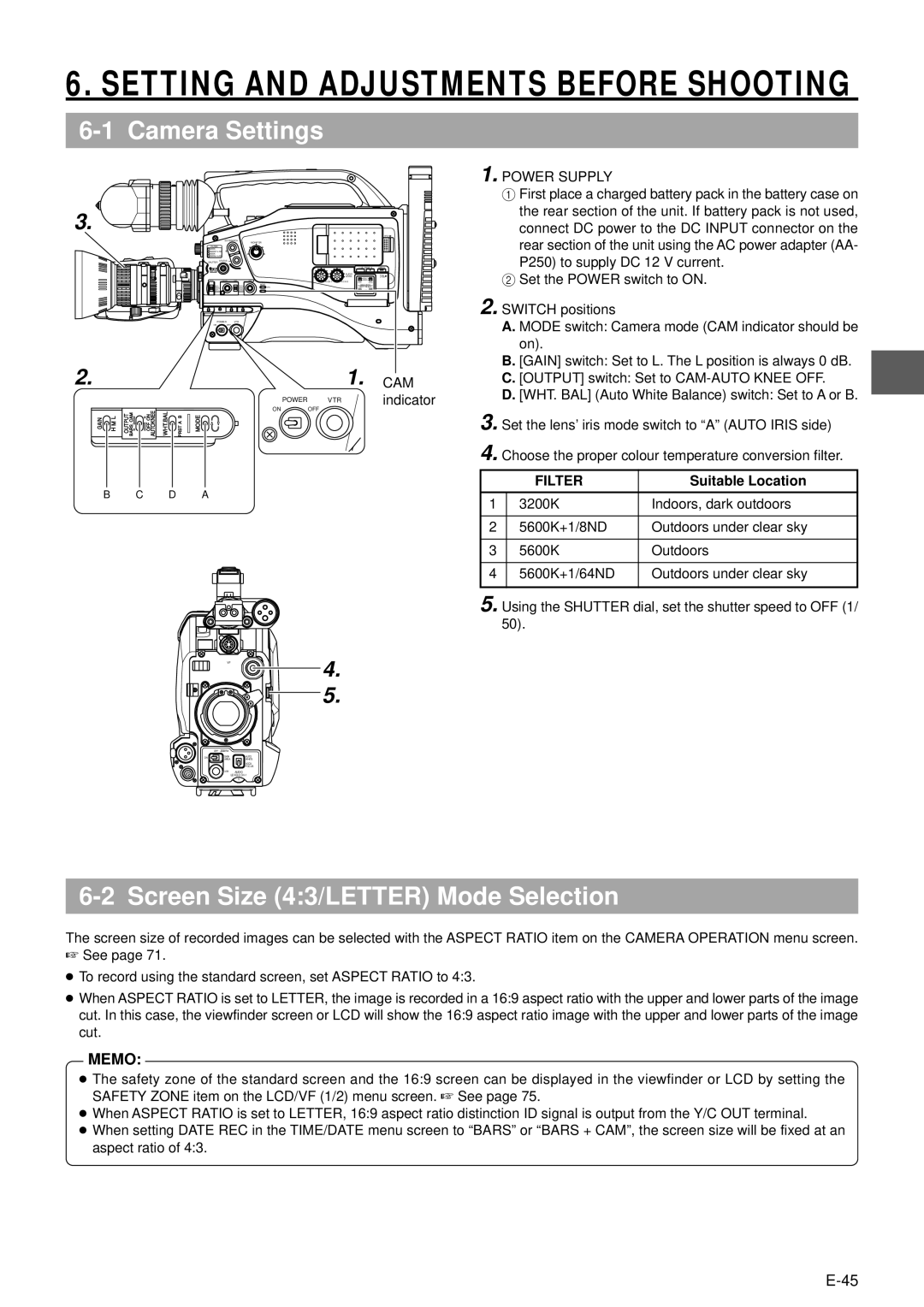 JVC GY-DV5000 manual Camera Settings, Screen Size 43/LETTER Mode Selection, Filter, Suitable Location 