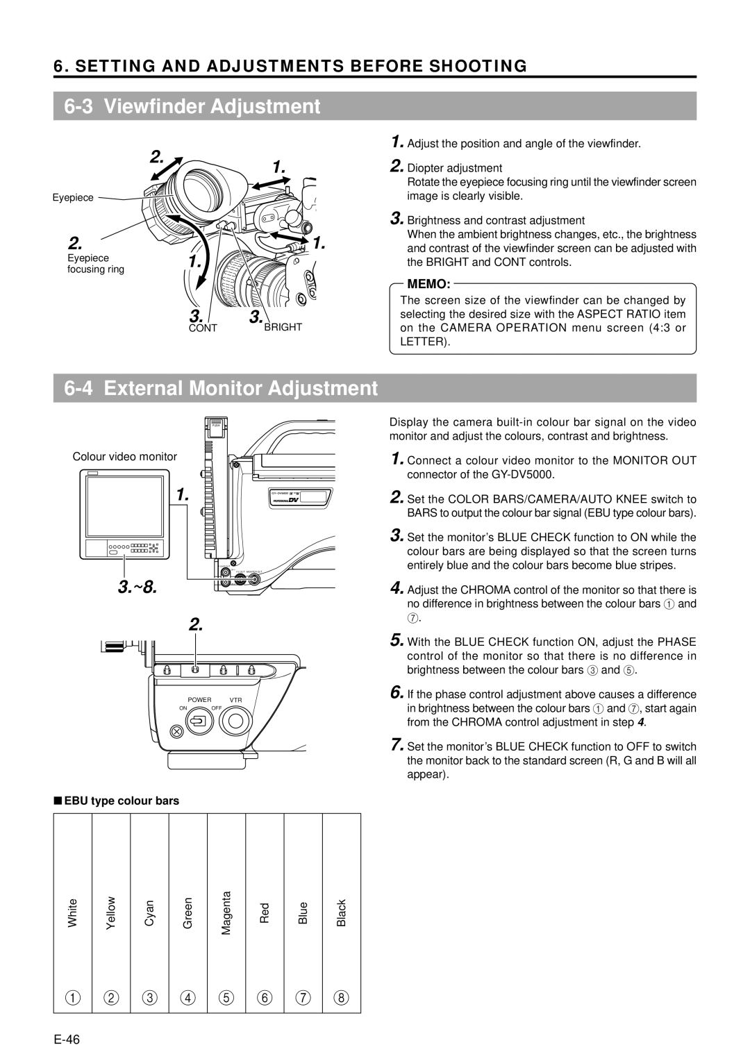 JVC GY-DV5000 manual Viewfinder Adjustment, External Monitor Adjustment, Adjust the position and angle of the viewfinder 