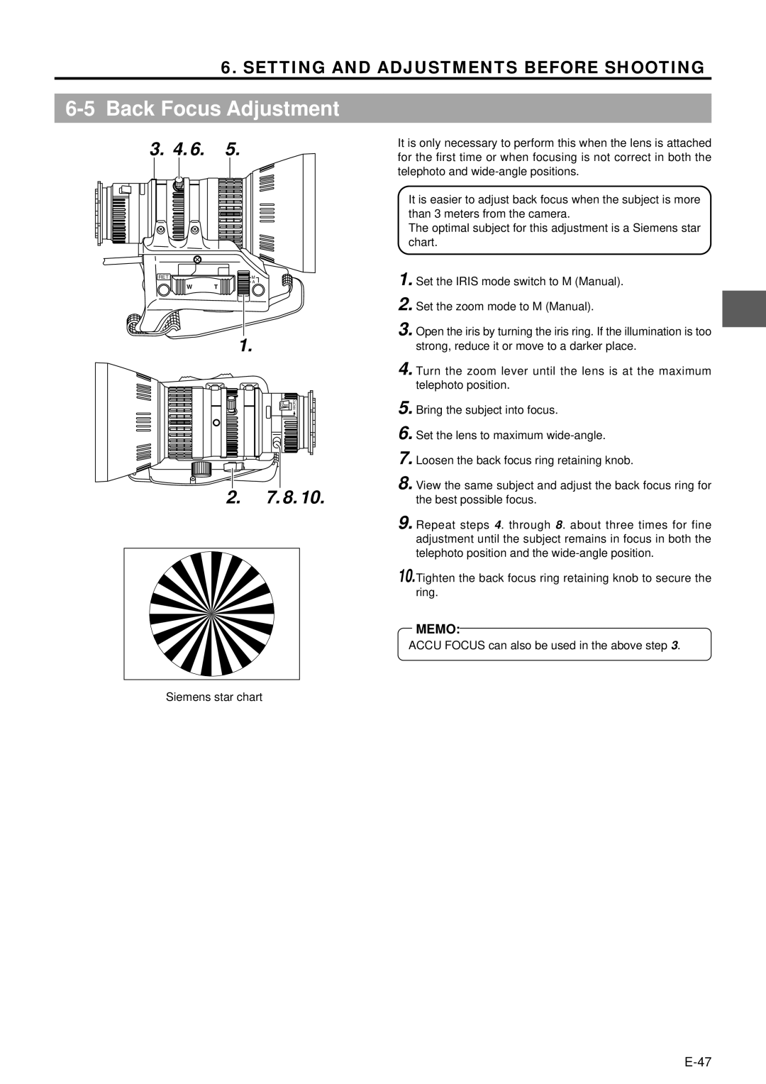 JVC GY-DV5000 manual Back Focus Adjustment, Accu Focus can also be used in the above step 