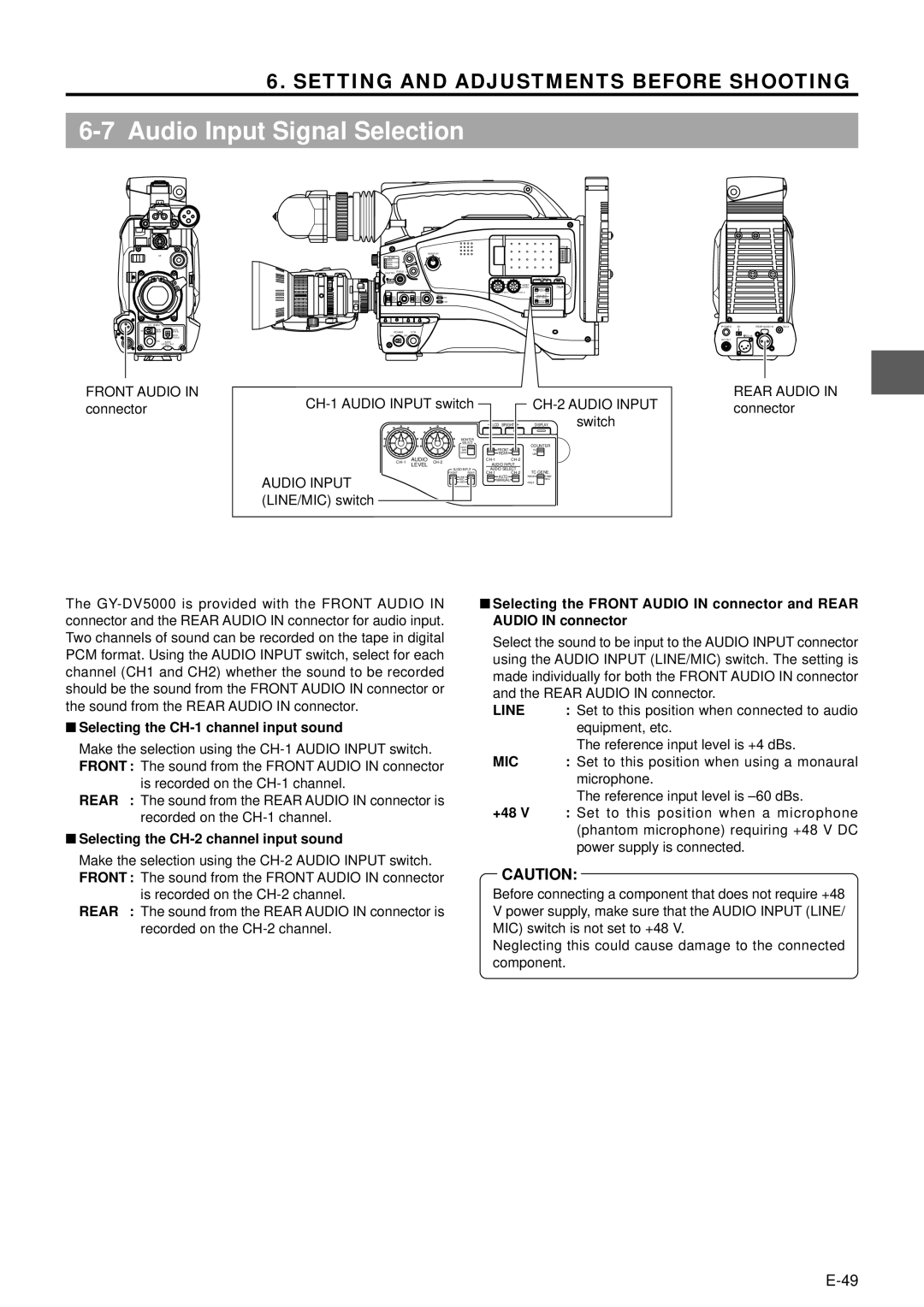 JVC GY-DV5000 manual Audio Input Signal Selection, Line, Mic 