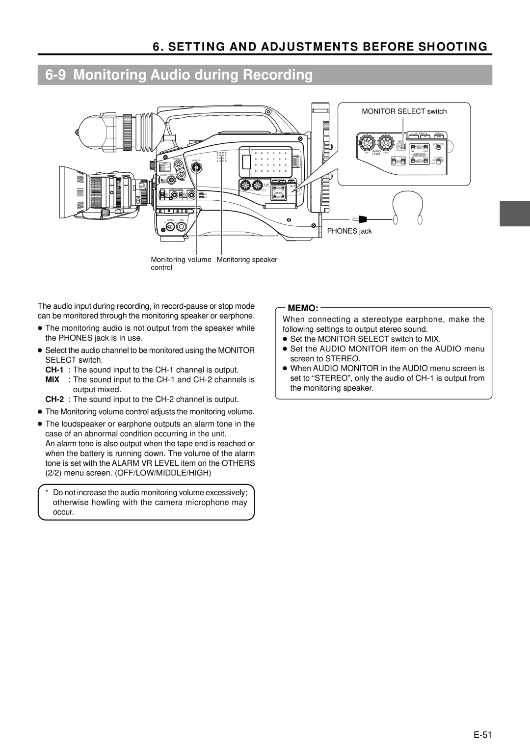 JVC GY-DV5000 manual Monitoring Audio during Recording, Monitor Select switch 