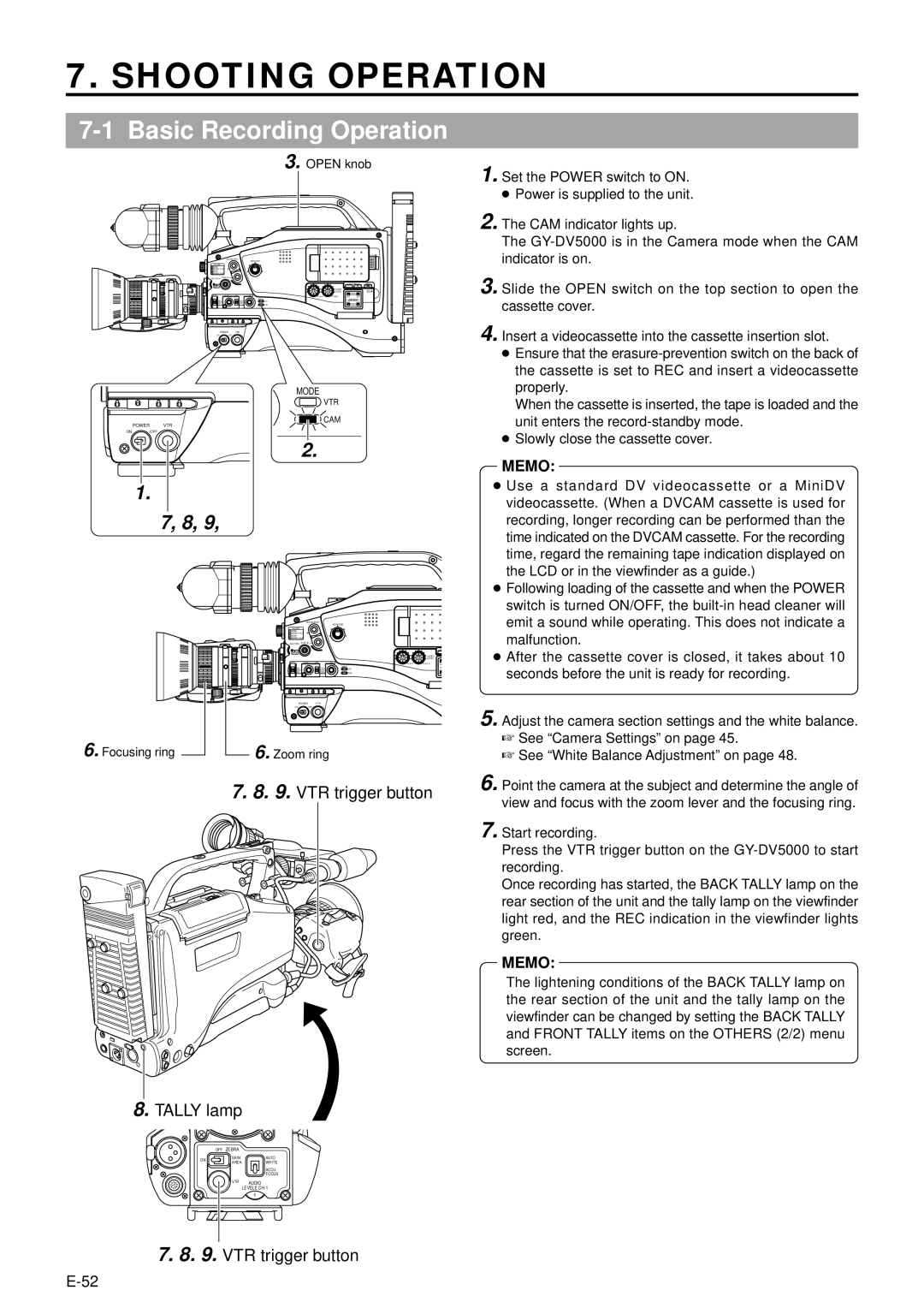 JVC GY-DV5000 manual Shooting Operation, Basic Recording Operation 