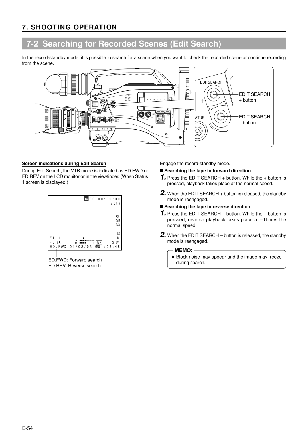 JVC GY-DV5000 manual Searching for Recorded Scenes Edit Search, Screen indications during Edit Search 