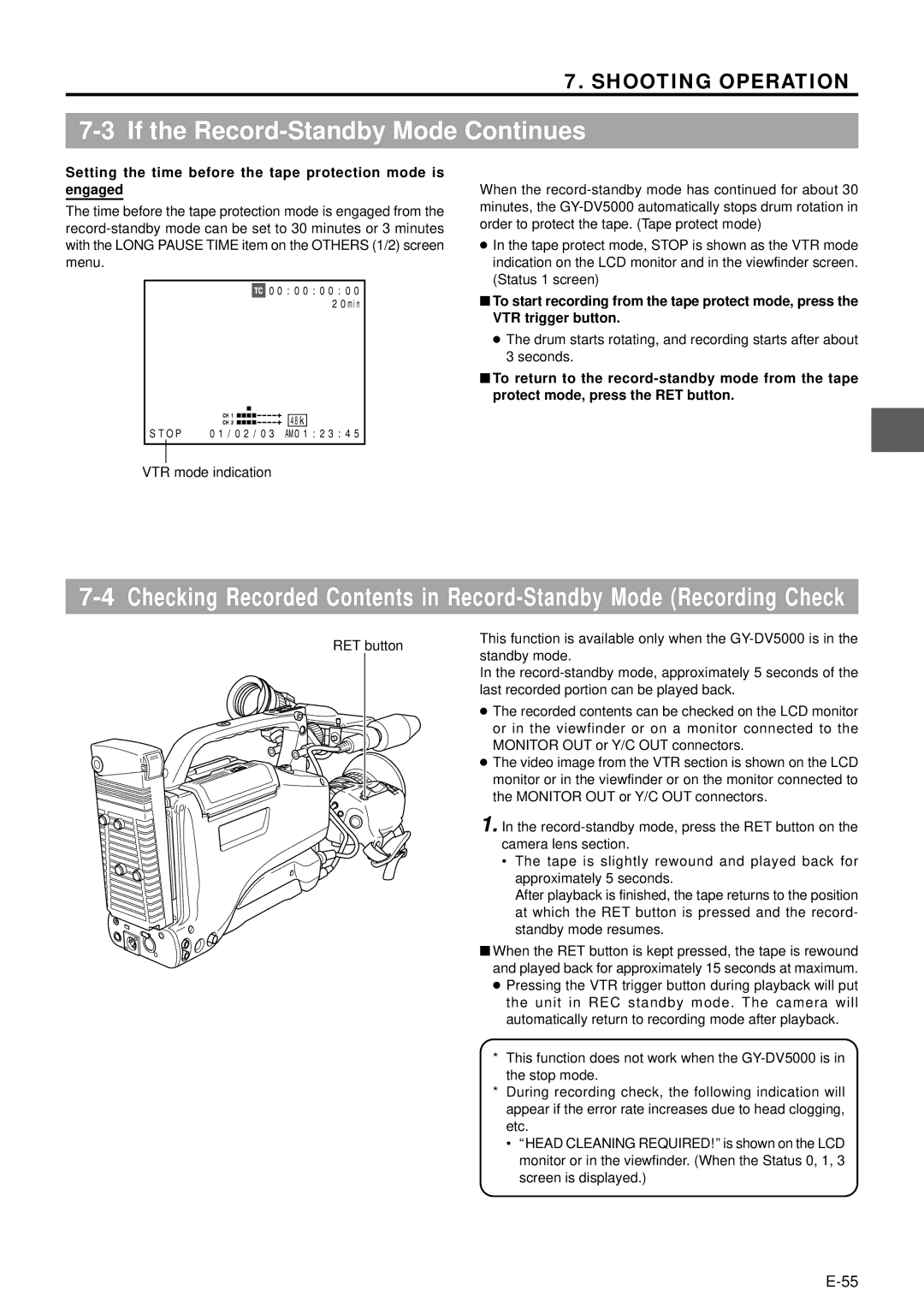 JVC GY-DV5000 manual If the Record-Standby Mode Continues, Setting the time before the tape protection mode is Engaged 