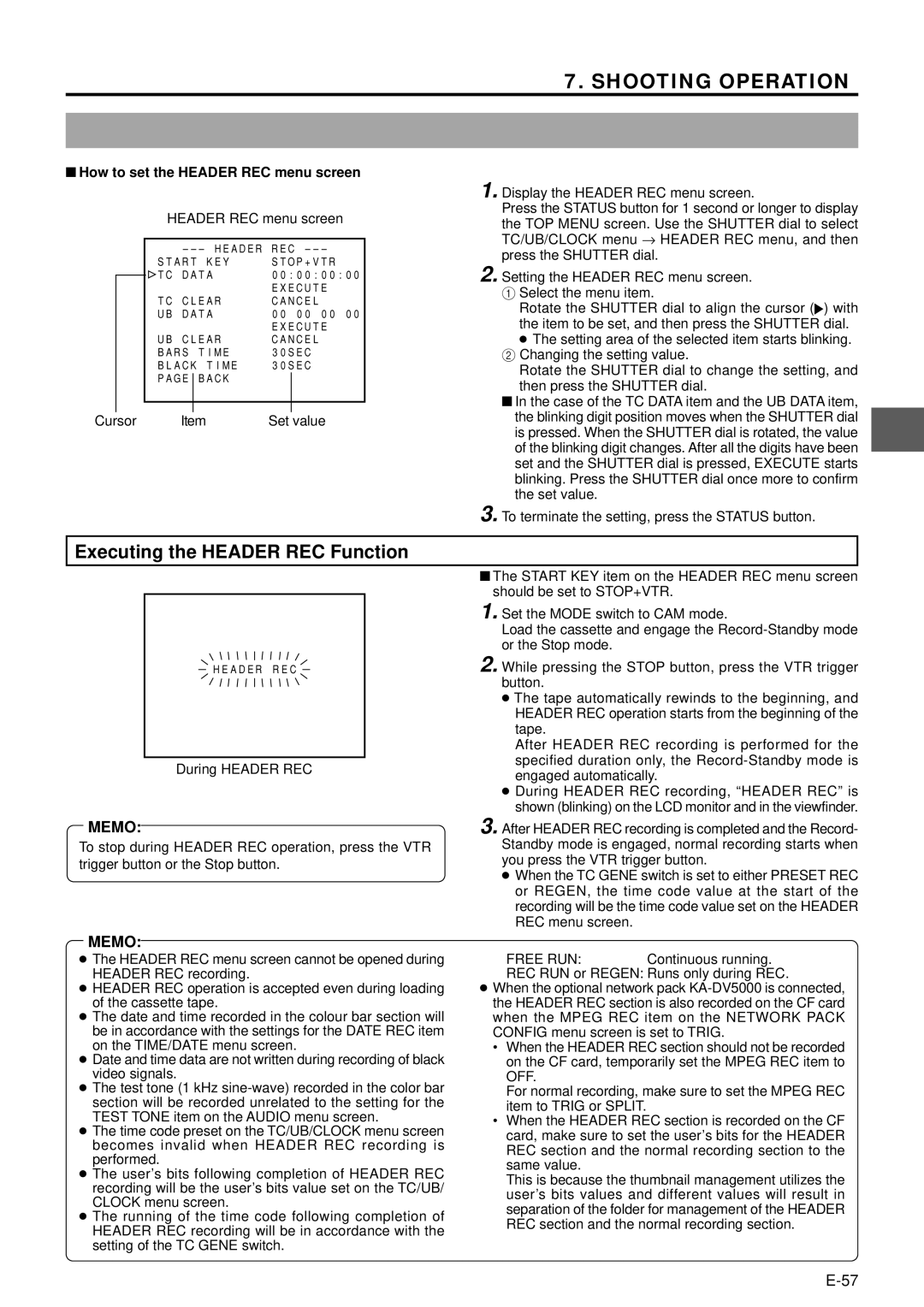 JVC GY-DV5000 manual Executing the Header REC Function, How to set the Header REC menu screen, During Header REC 