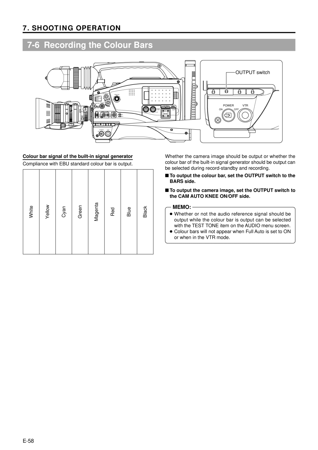 JVC GY-DV5000 manual Recording the Colour Bars, Output switch, Colour bar signal of the built-in signal generator 