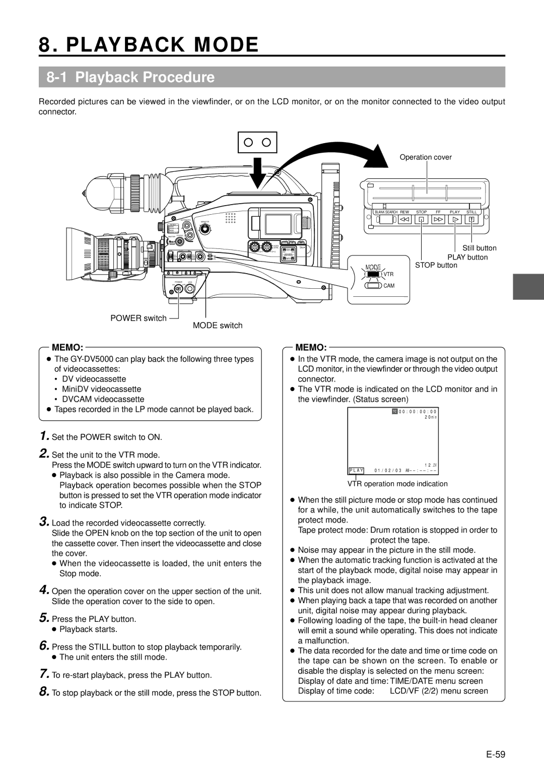 JVC GY-DV5000 manual Playback Mode, Playback Procedure, Power switch Mode switch, Display of time code 