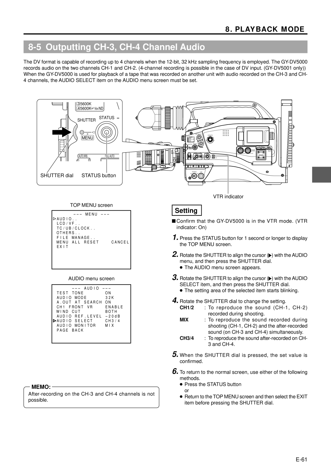 JVC GY-DV5000 Outputting CH-3, CH-4 Channel Audio, Setting, Shutter dial Status button TOP Menu screen, VTR indicator 