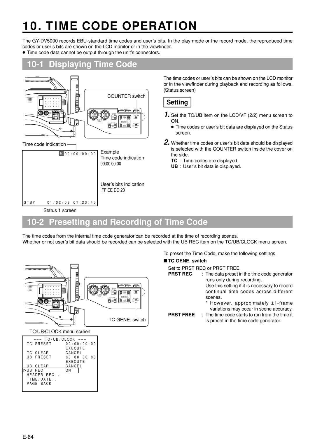 JVC GY-DV5000 manual Time Code Operation, Displaying Time Code, Presetting and Recording of Time Code, TC GENE. switch 