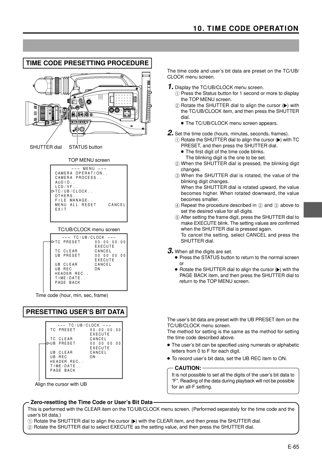 JVC GY-DV5000 manual Zero-resetting the Time Code or User’s Bit Data, Time code hour, min, sec, frame 