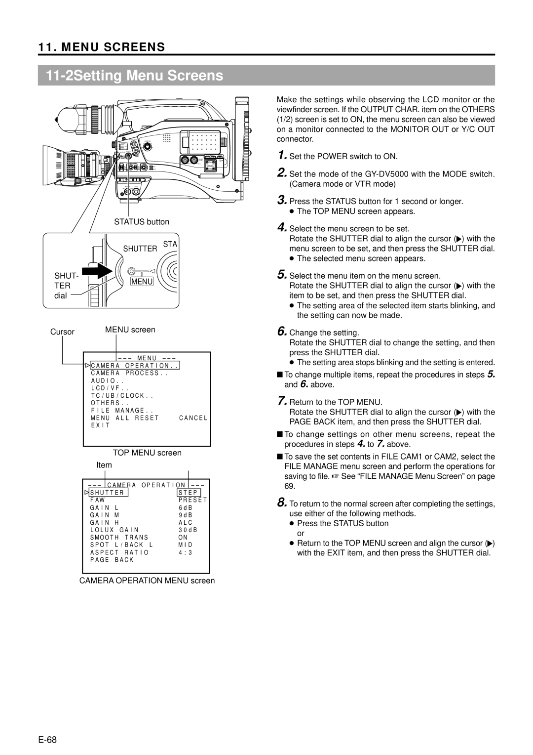 JVC GY-DV5000 manual 11-2Setting Menu Screens, Status button, Shutter STA, Termenu dial Cursor Menu screen 