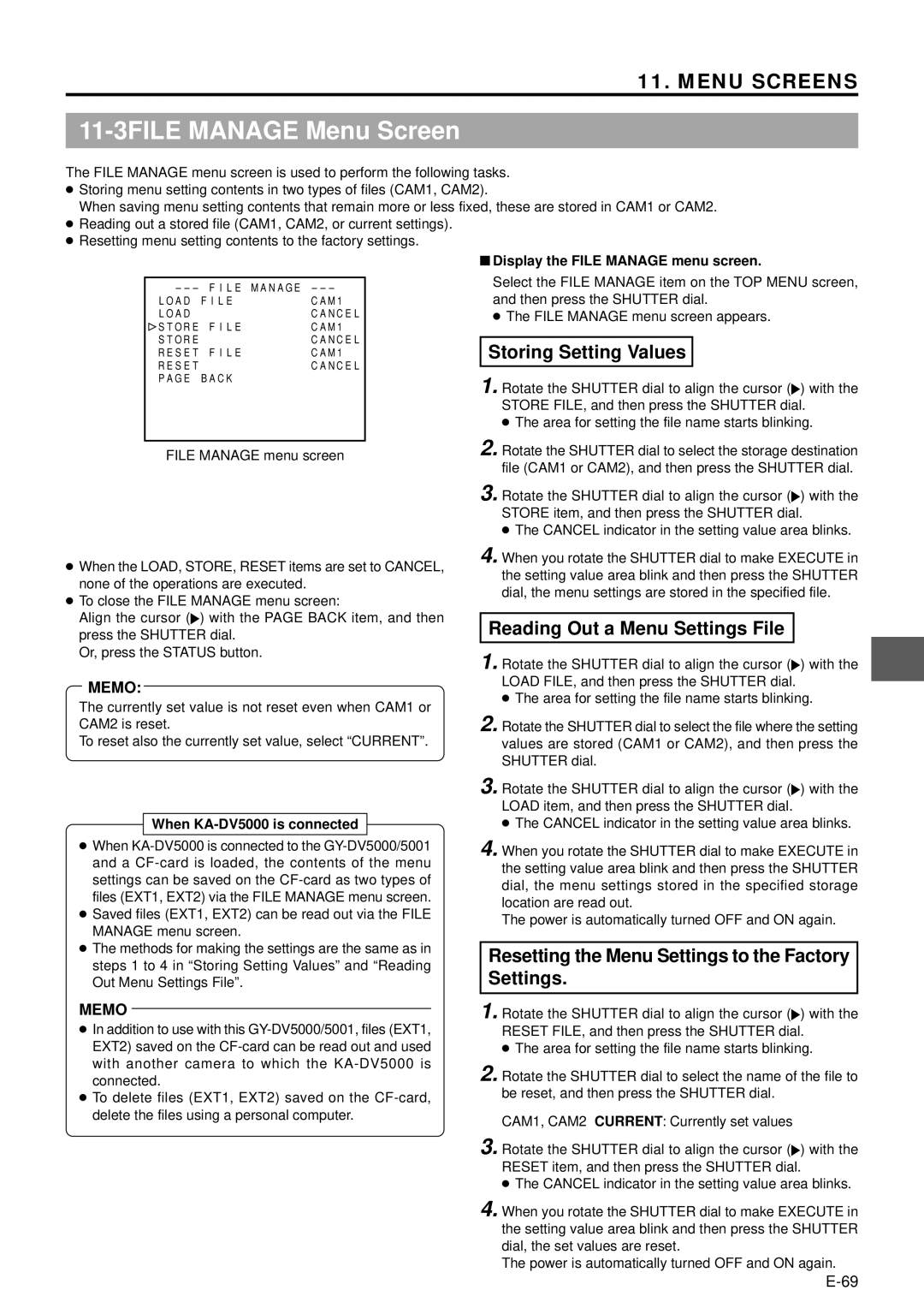 JVC GY-DV5000 manual 11-3FILE Manage Menu Screen, Storing Setting Values, Reading Out a Menu Settings File 