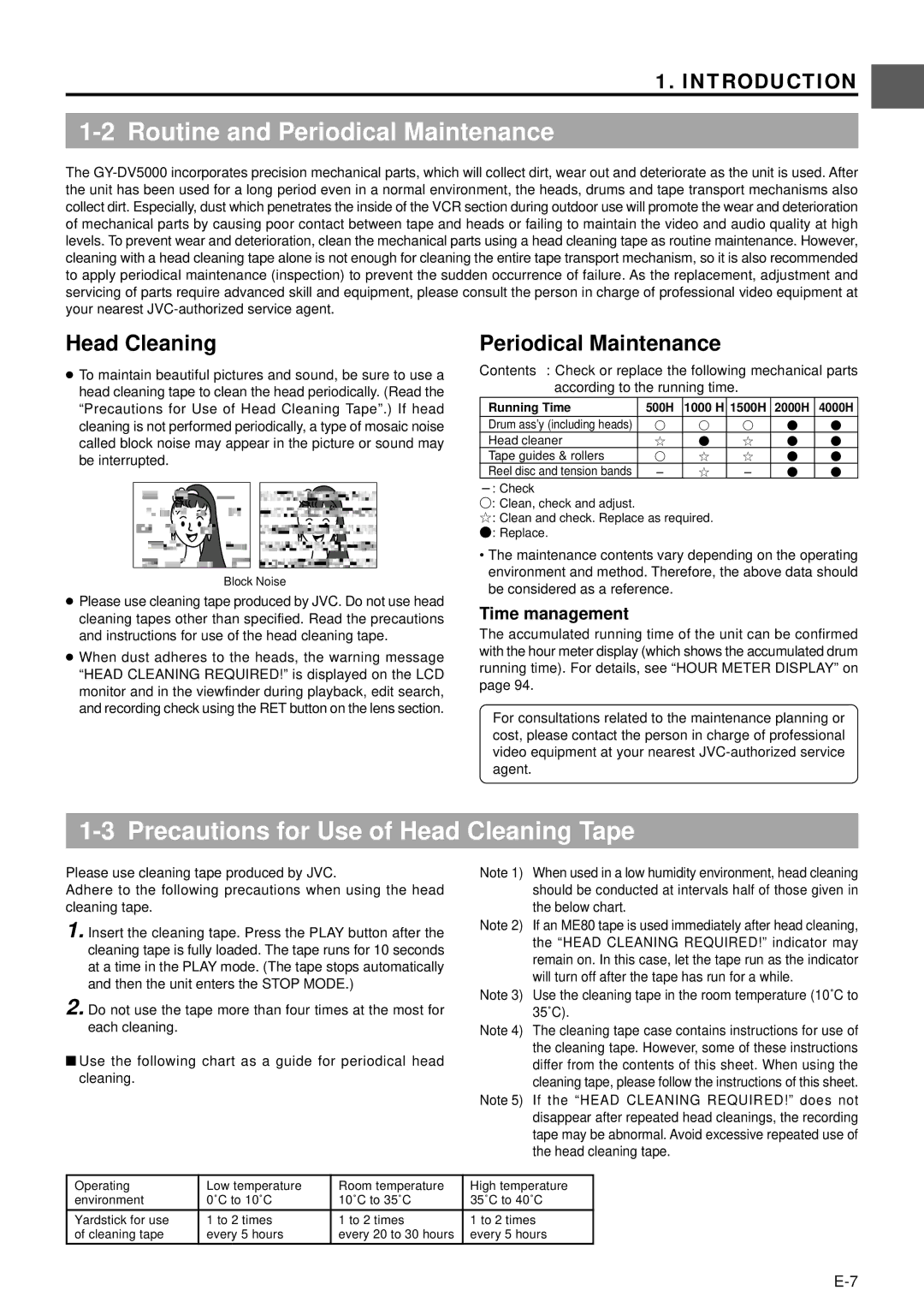 JVC GY-DV5000 manual Routine and Periodical Maintenance, Precautions for Use of Head Cleaning Tape, Time management 