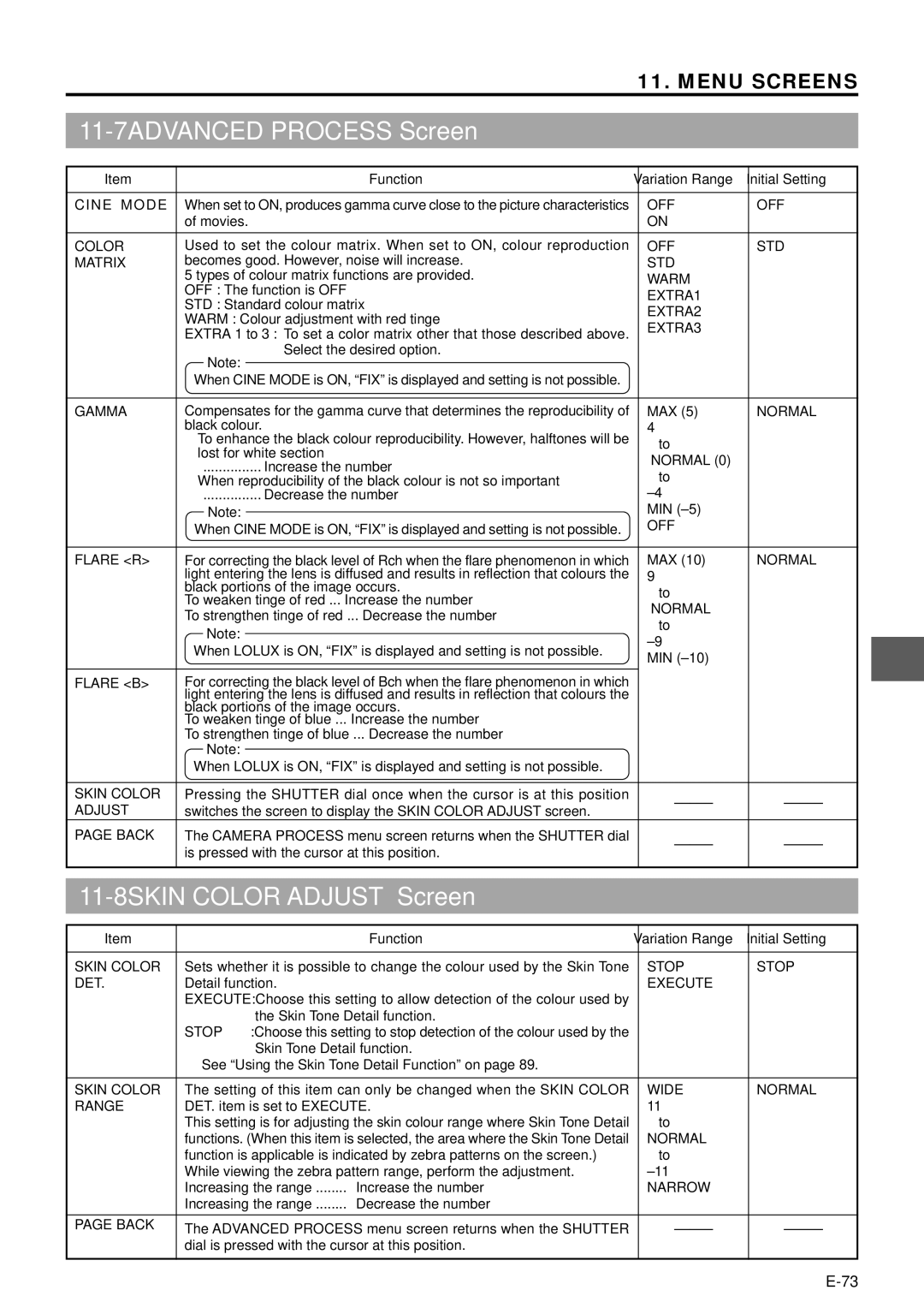 JVC GY-DV5000 manual 11-7ADVANCED Process Screen, 11-8SKIN Color Adjust Screen 