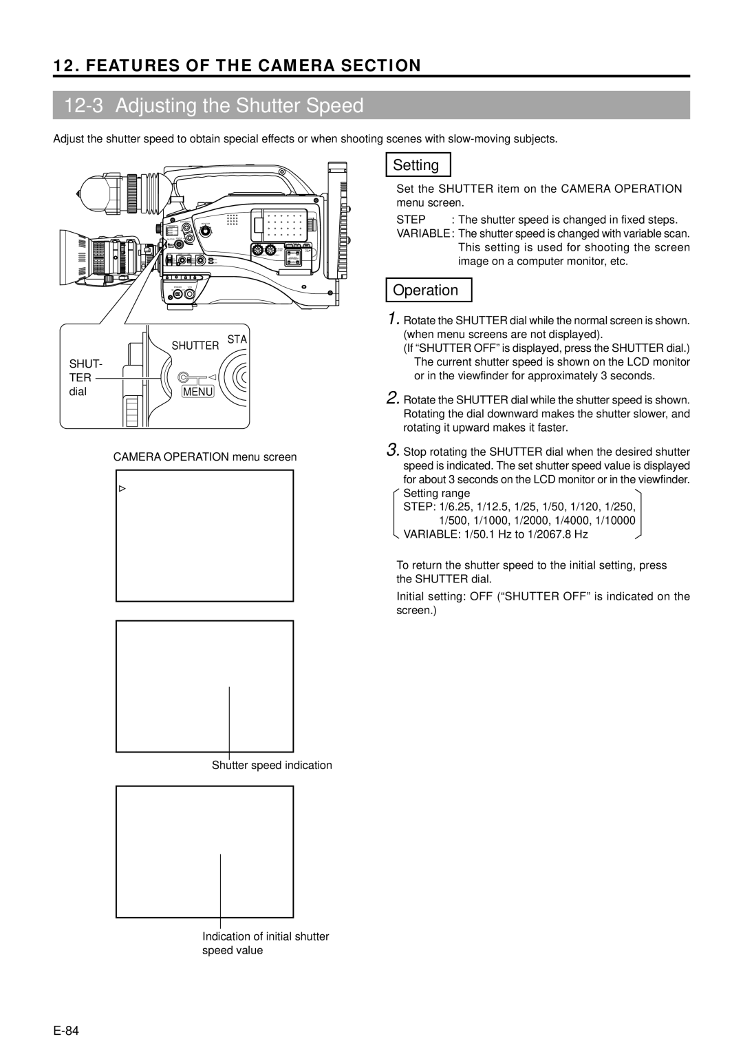 JVC GY-DV5000 manual Adjusting the Shutter Speed, Operation, Shutter STA TER 