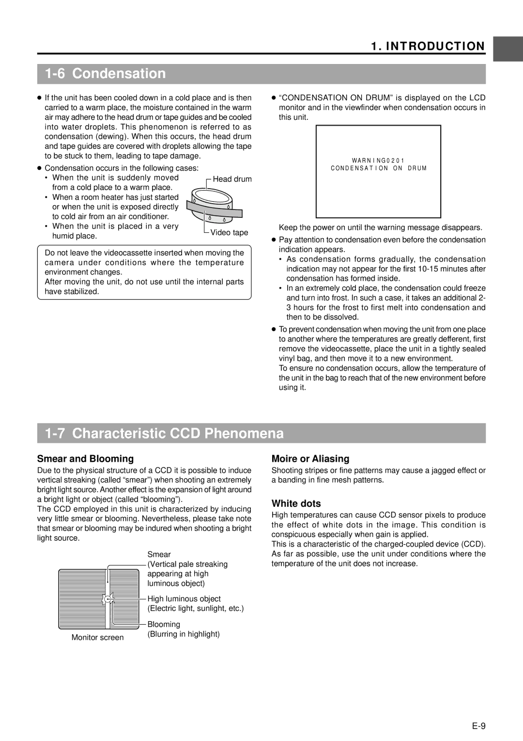 JVC GY-DV5000 manual Condensation, Characteristic CCD Phenomena, Smear and Blooming, Moire or Aliasing, White dots 