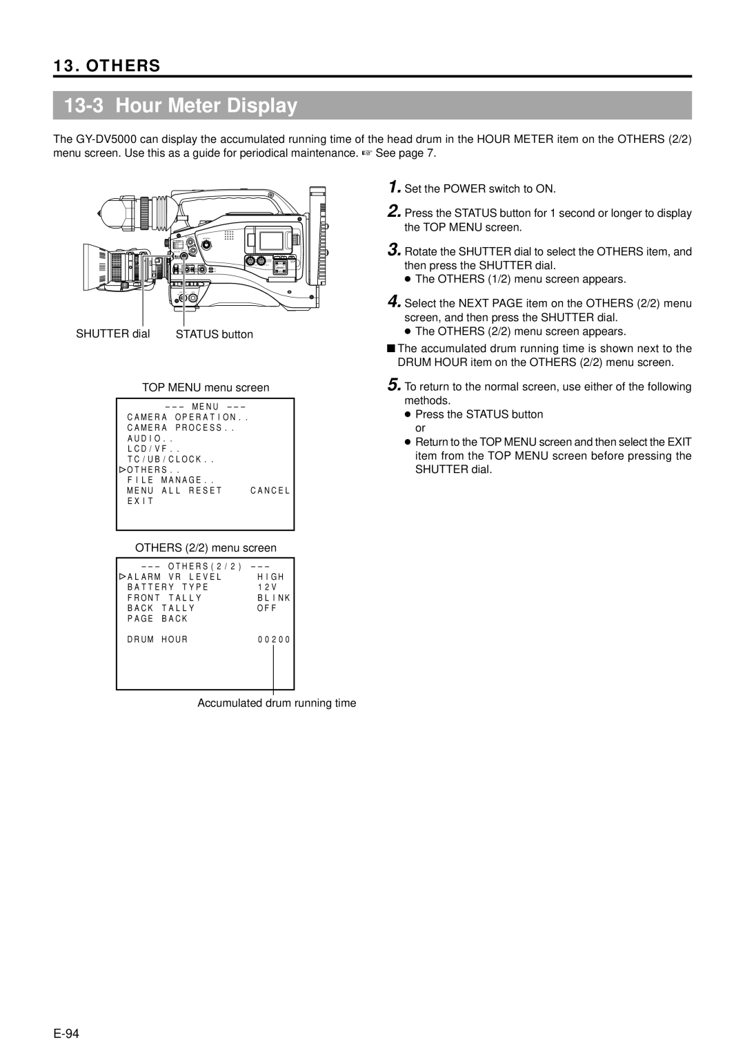 JVC GY-DV5000 manual Hour Meter Display, Shutter dial Status button, Others 2/2 menu screen, Accumulated drum running time 