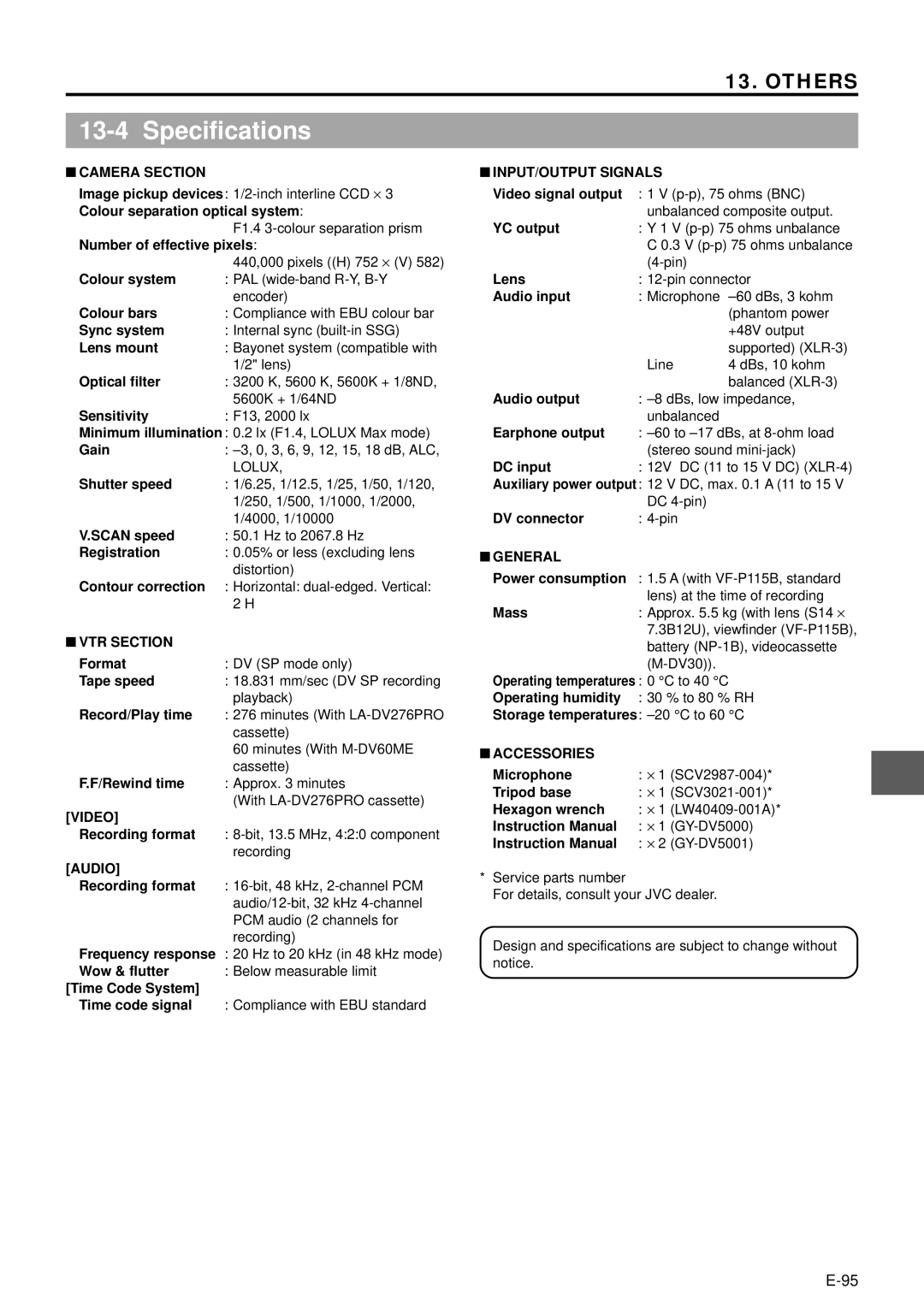 JVC GY-DV5000 manual Specifications 