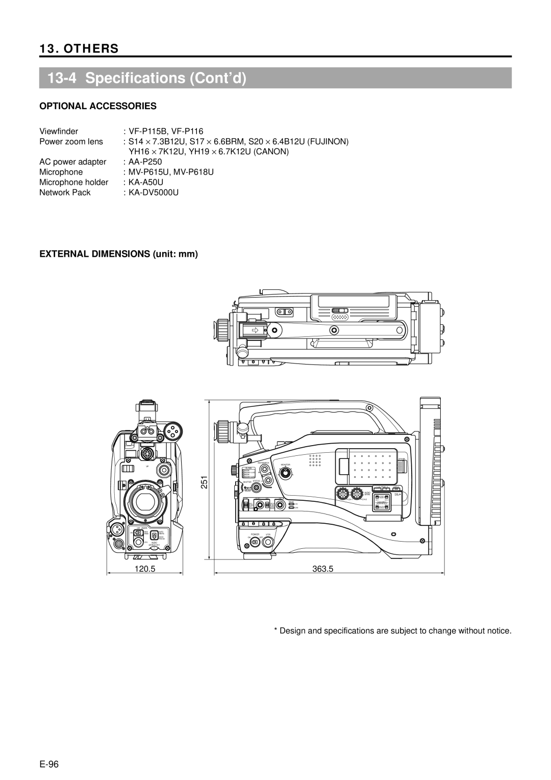 JVC GY-DV5000 Specifications Cont’d, External Dimensions unit mm, Viewfinder VF-P115B, VF-P116 Power zoom lens, 120.5 